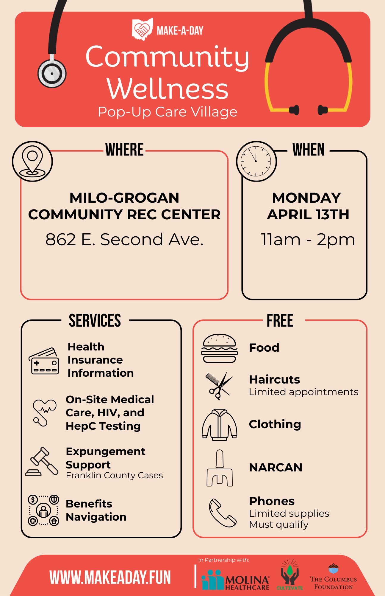 Make A Day Community Wellness Pop Up Care Village Flyer at Milo Grogan Community Rec Center on Monday April 13 11am to 2pm. Free food, haircuts, clothing, NARCAN, and Phones.