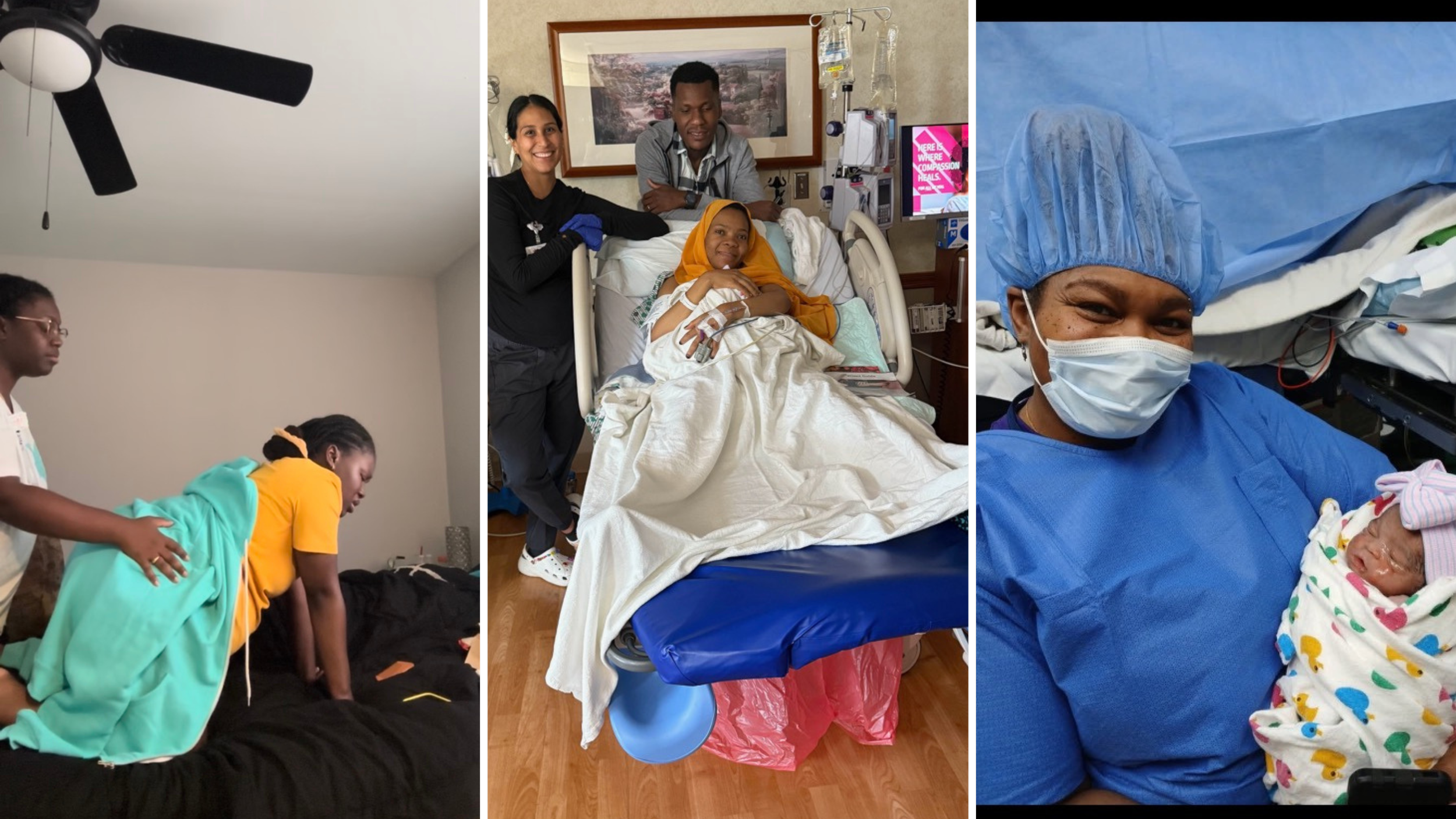Three photos of a woman in a hospital setting. The first shows her lying on a bed, assisted by two caregivers. The second shows her sitting in a hospital bed with her family around her, smiling, surrounded by hospital equipment. The third is a close-up of her wearing a surgical mask, holding a newborn baby wrapped in a blanket, both looking at the camera.