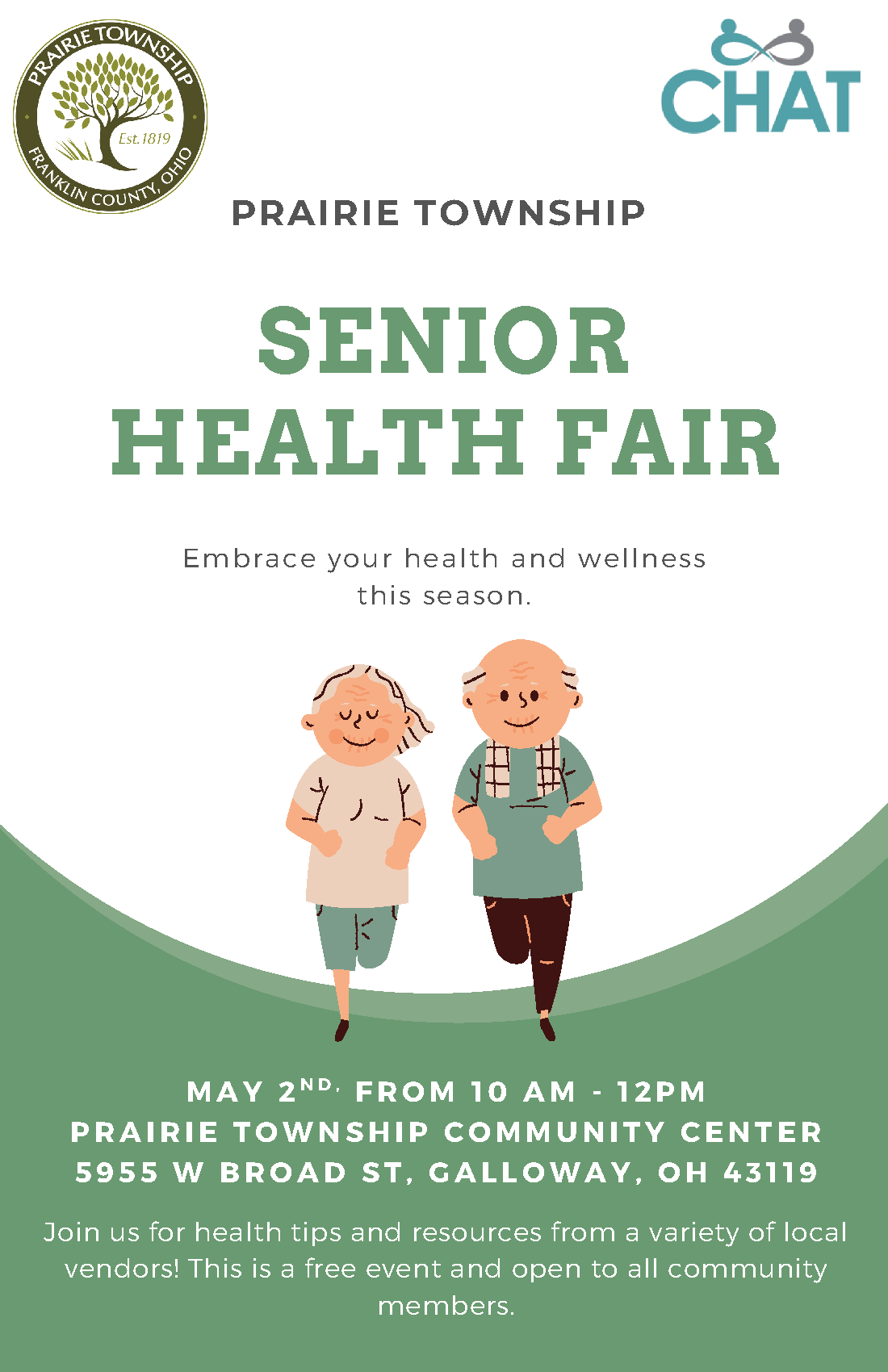 Graphic flyer for the Prairie Township Senior Health Fair with an illustration of an elderly couple running. May 2nd from 10AM - 12PM