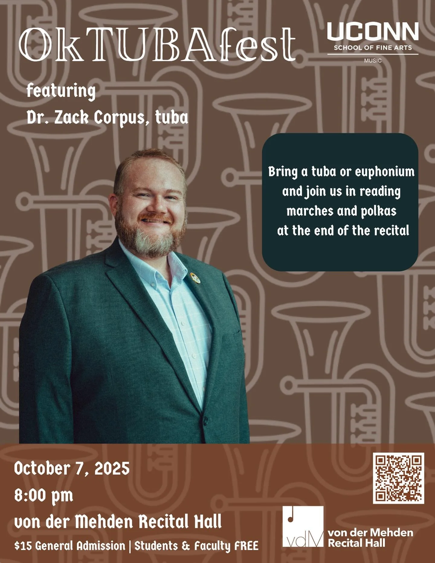 Join us at @uconnmusicdept on Tuesday night for a concert featuring @zacorpus and the UConn tuba studio! Bring a tuba or euphonium to join us on stage for play-along polkas