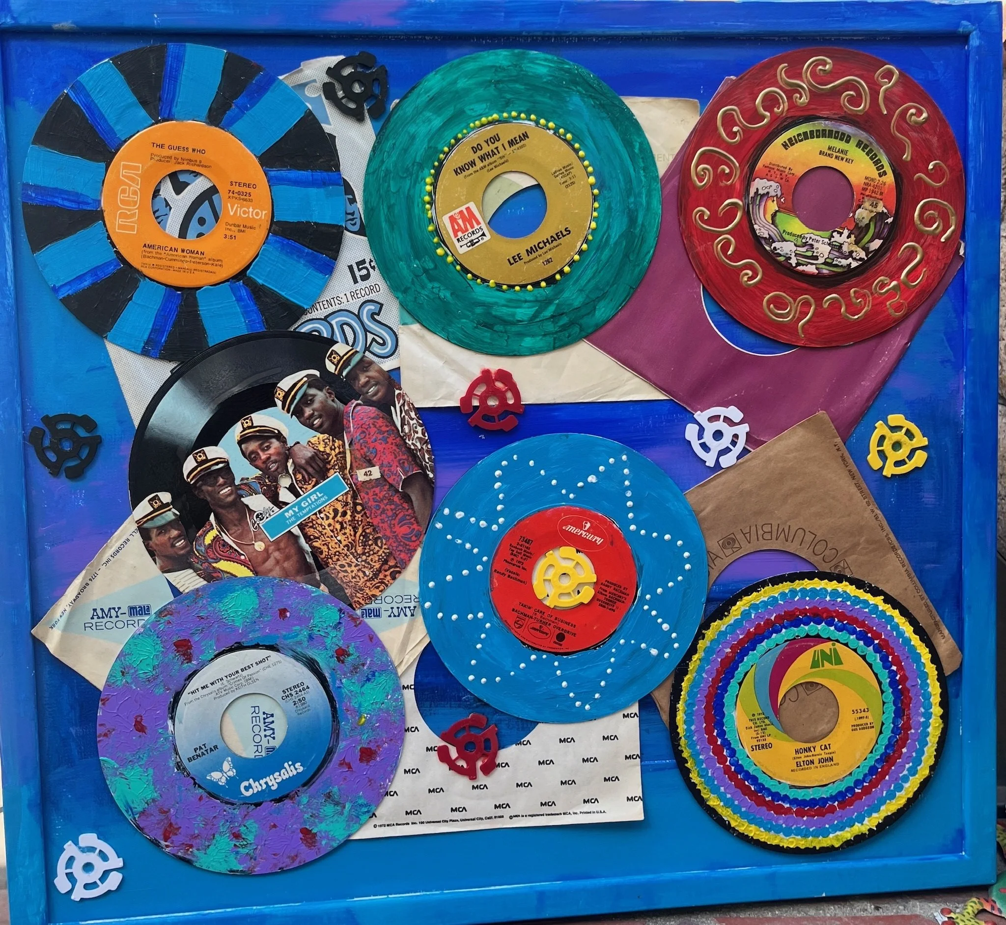 Spinning Past 30x30 multimedia acrylics,45 records with sleeves and adapters 