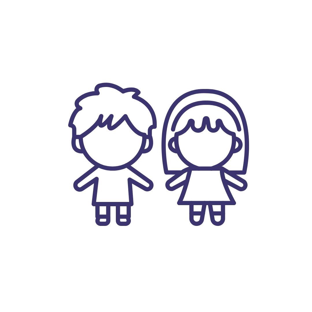 Simple line drawing of two children, a boy and a girl, standing side by side, holding hands.