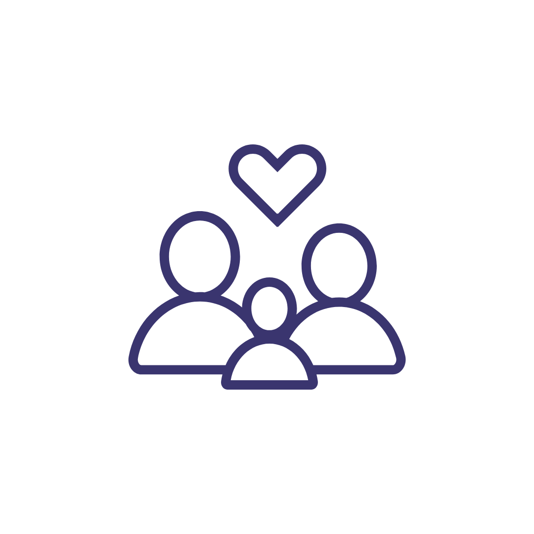 Outline of three people with a heart above them, representing love and family.