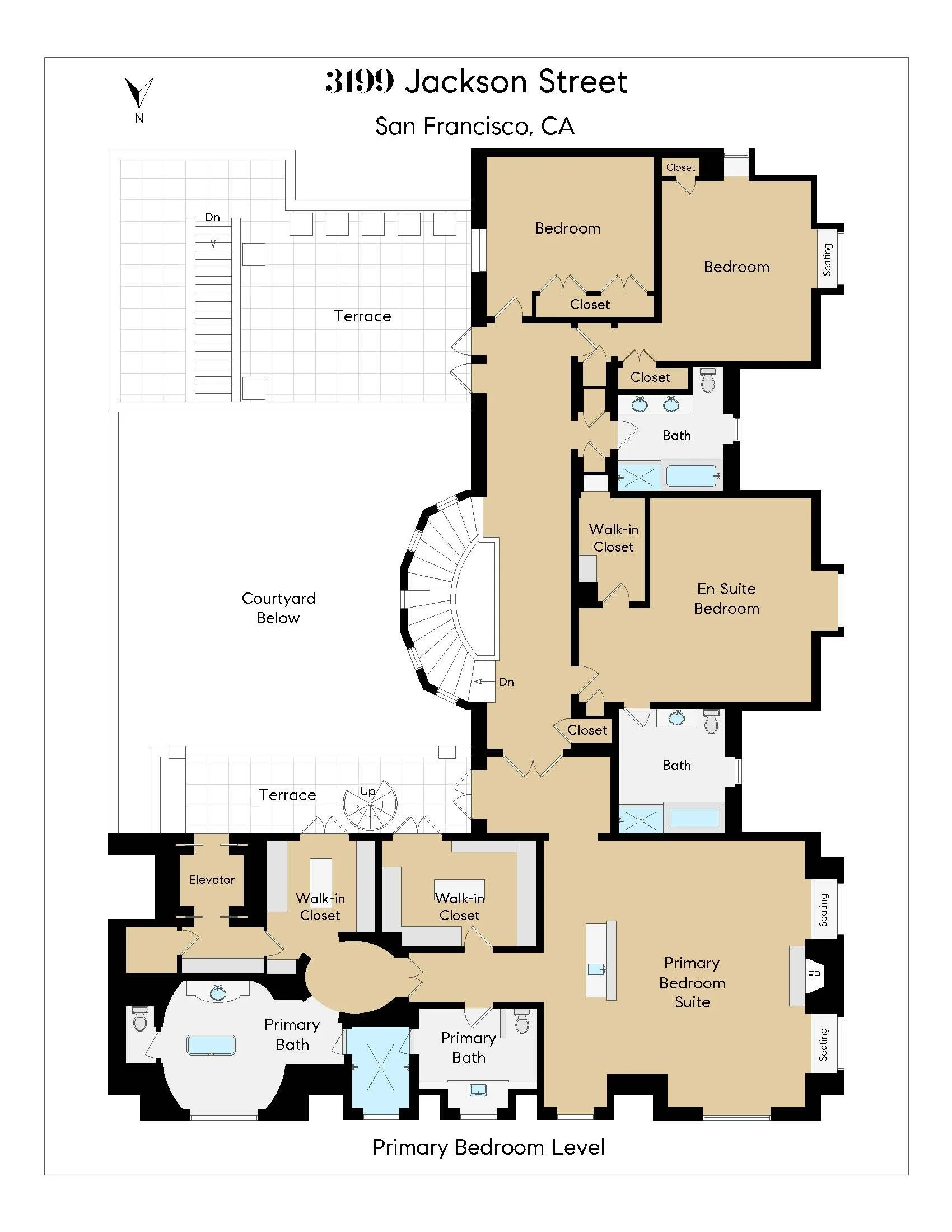 Floor plan of a residential property at 3199 Jackson Street in San Francisco, California, showing bedrooms, bathrooms, closets, terraces, and a courtyard.