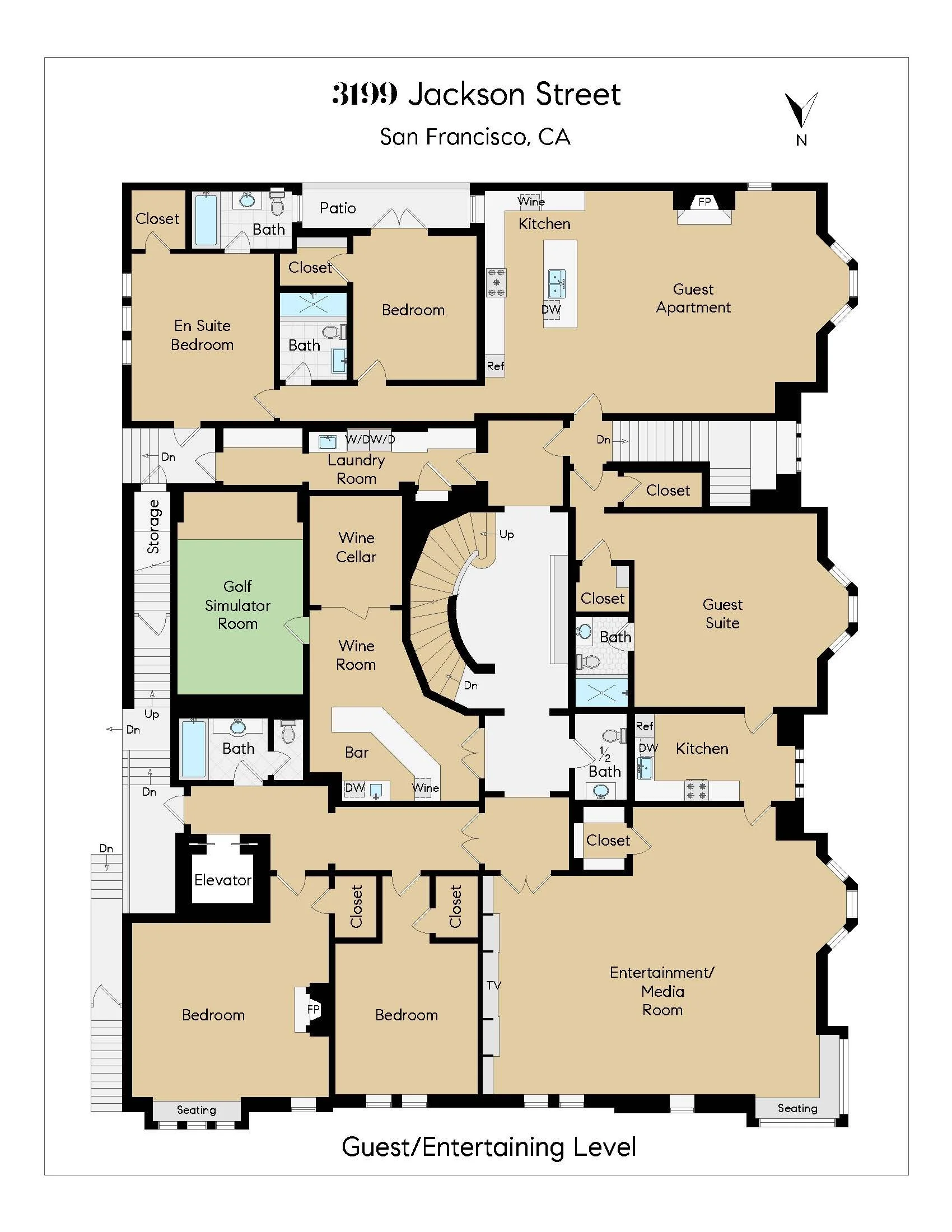 Floor plan of a guest/entertaining level at 3199 Jackson Street, San Francisco, California, featuring bedrooms, bathrooms, a wine cellar, golf simulator room, entertainment/media room, kitchens, closets, and an elevator.