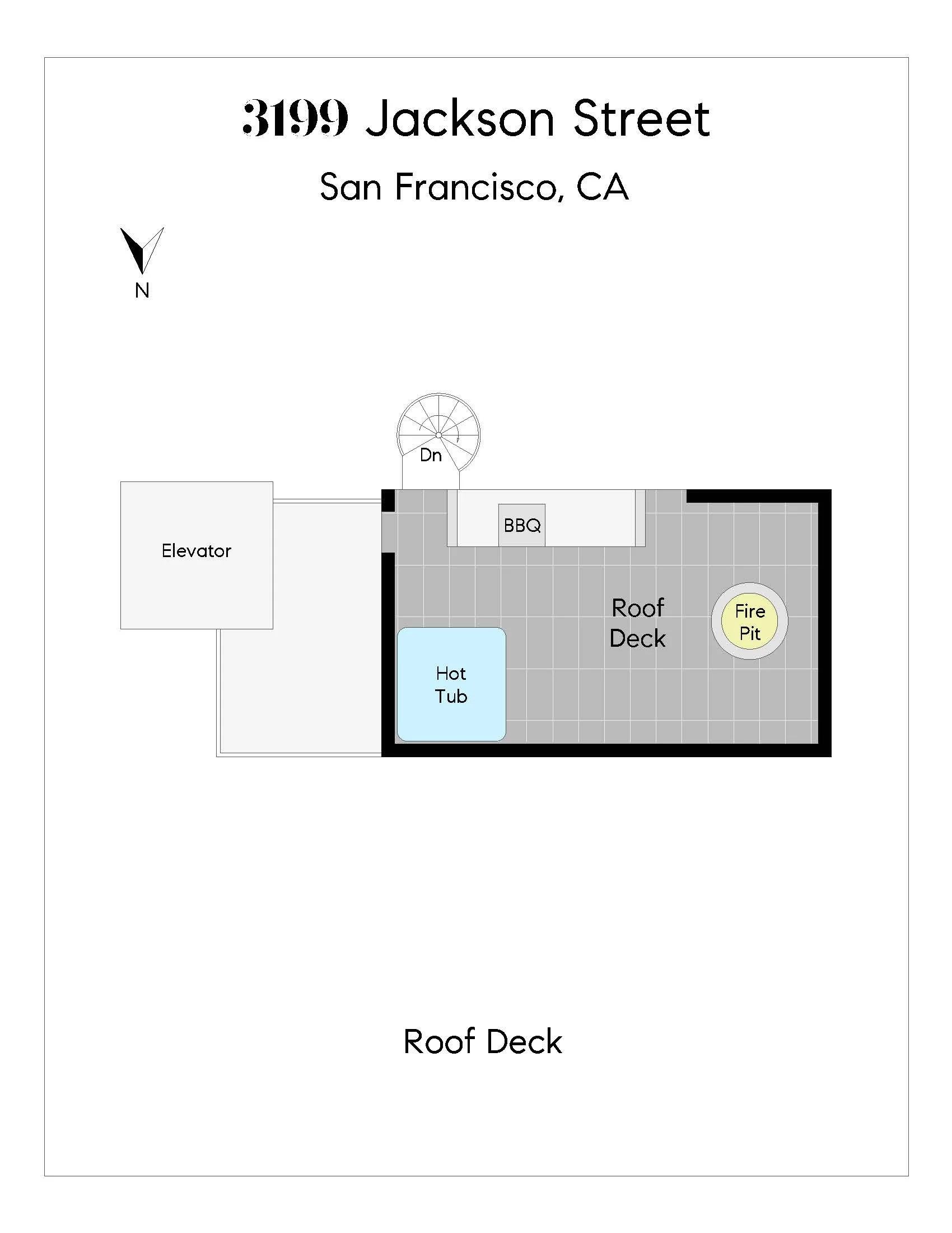 Floor plan of a rooftop deck at 3199 Jackson Street, San Francisco, CA, showing an elevator, a spiral staircase, a BBQ area, a fire pit, a hot tub, and designated roofing deck space.
