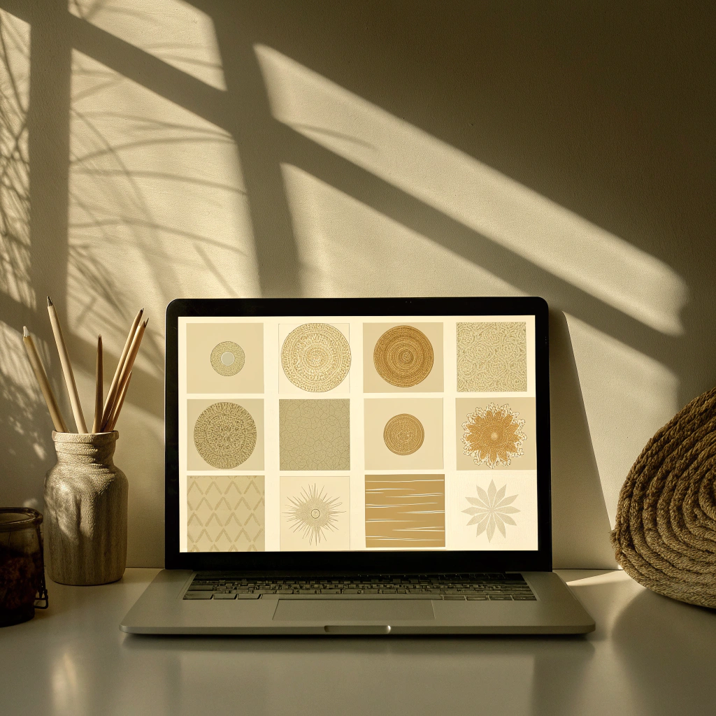 Laptop computer displaying various intricate circle and geometric designs, placed on a white desk with a beige vase holding pencils, a jar, and a rolled rope nearby, with sunlight casting shadows on the wall.