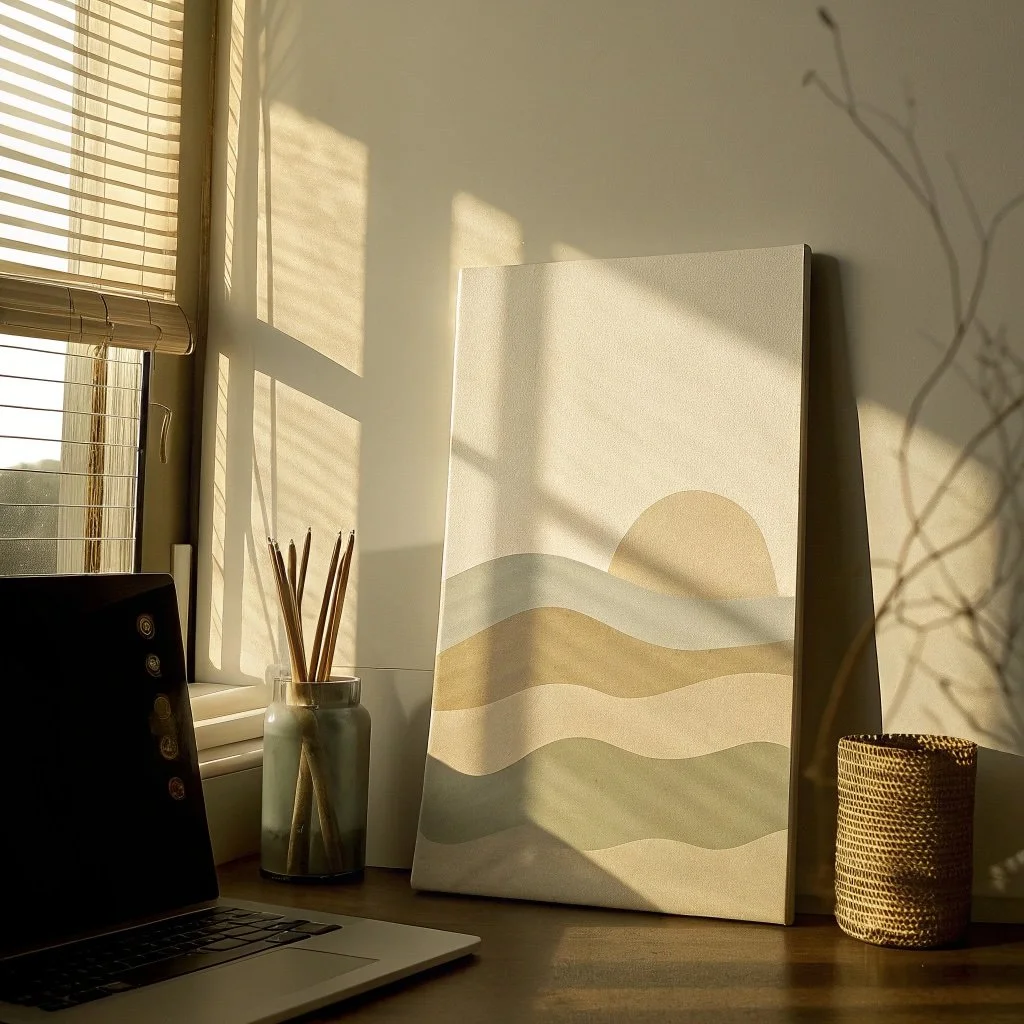 Sunlight streaming through blinds onto a desk with a laptop, a jar of paintbrushes, an abstract landscape painting, and a woven basket, near a window.