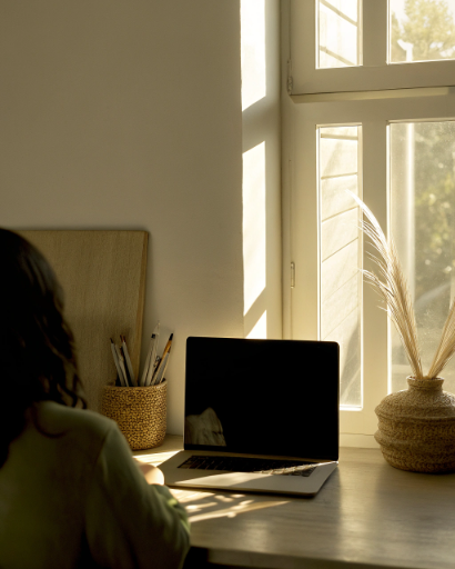 A person working at a desk with a laptop, near a window with sunlight.