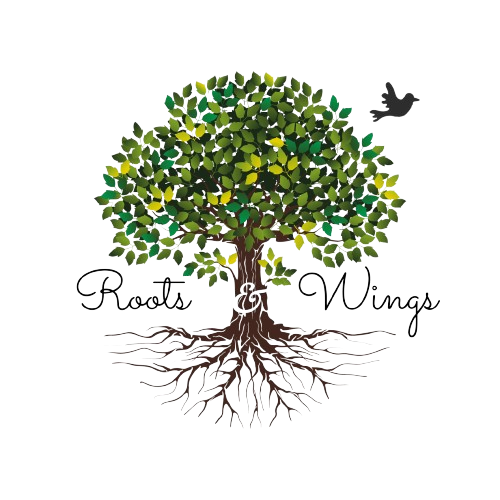 Illustration of a tree with roots, labeled 'Roots & Wings,' and a bird flying nearby.