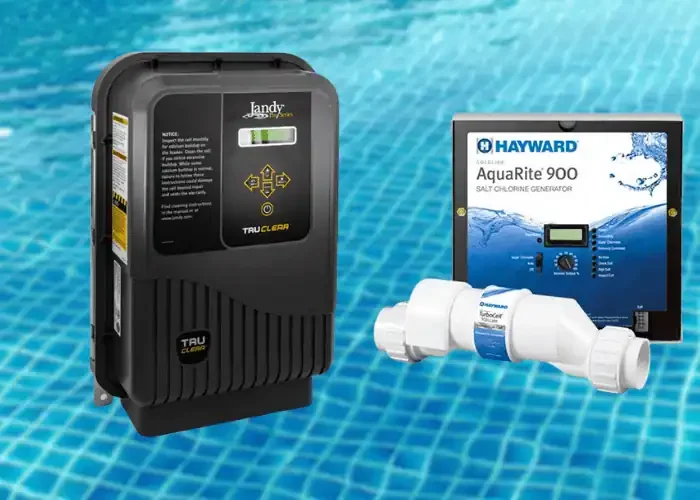 Pool salt chlorine generator system, including a control unit, salt cell, and digital control box, set against a blue pool tiled background.