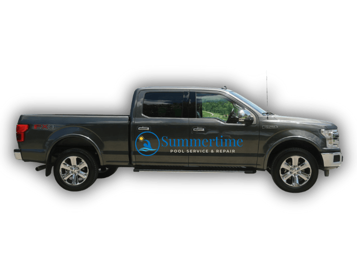 Gray pickup truck with a Summertime Pool Service & Repair logo on the door, black background