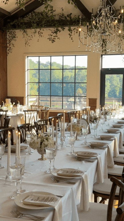 Inside a decorated reception hall with long tables set for a formal event, featuring white tablecloths, floral centerpieces, candles, and glassware, large windows revealing a scenic outdoor view, and a chandelier hanging from the ceiling.