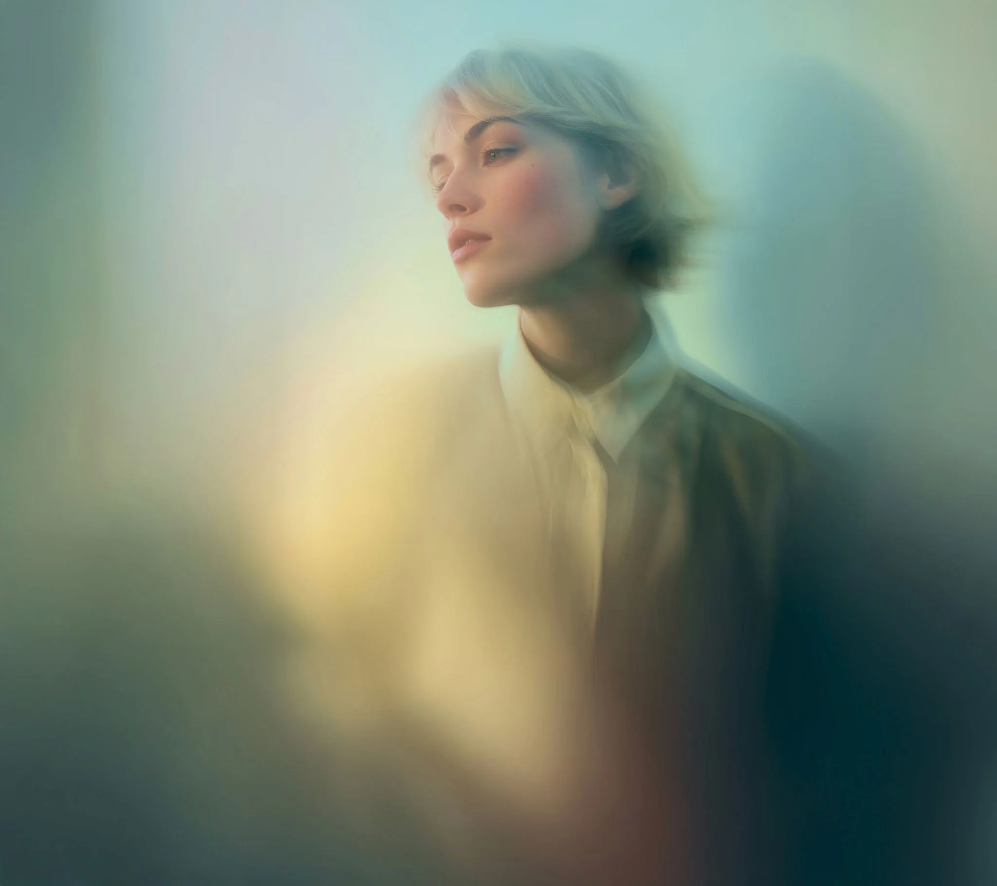 Portrait d'une femme aux cheveux courts, cheveux gris, portant une chemise claire. Vue à travers une vitre floue, créant un effet artistique de flou et de lumière douce.