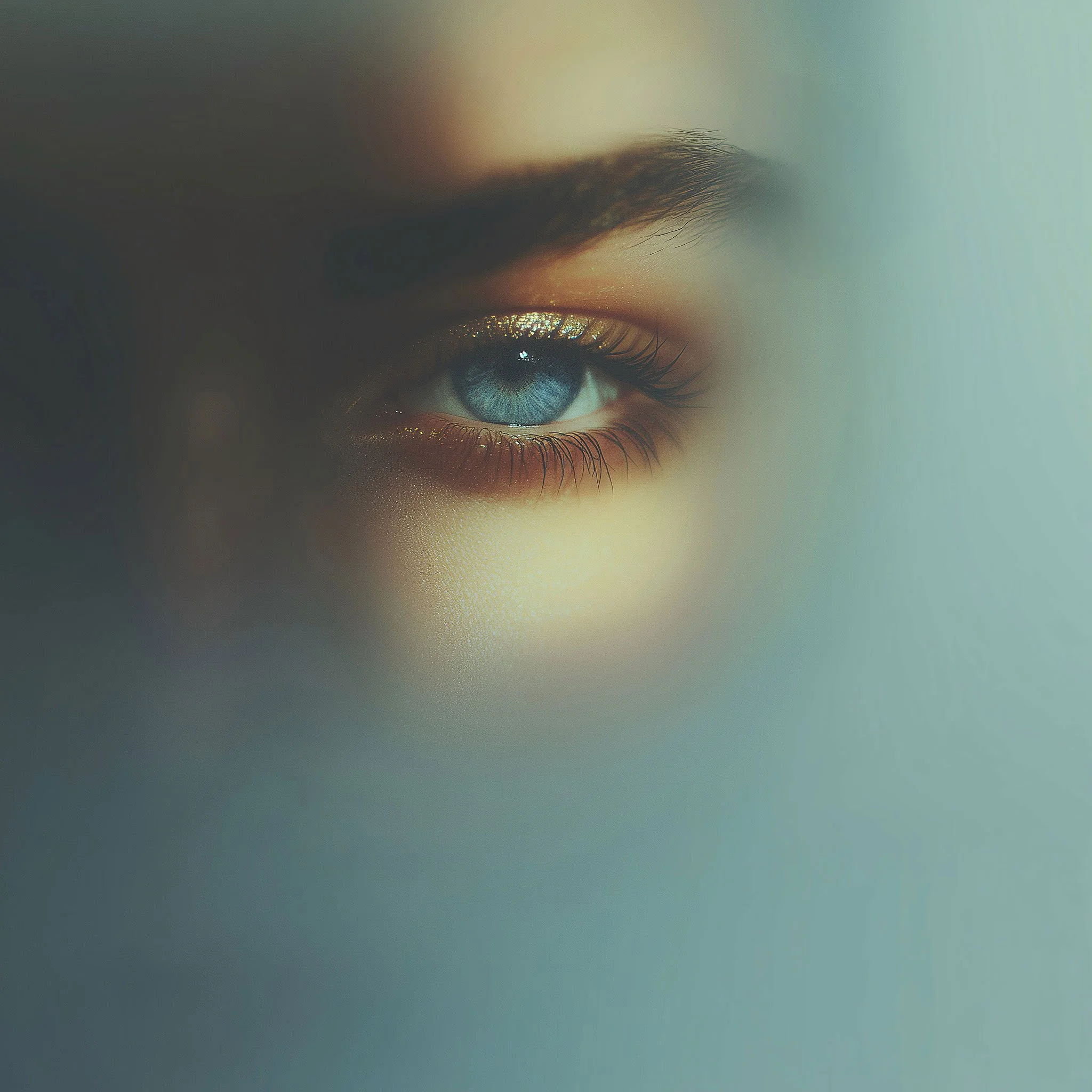 Un gros plan d'un œil bleu avec un reflet de lumière, entouré de cils et de sourcils sophistiqués.