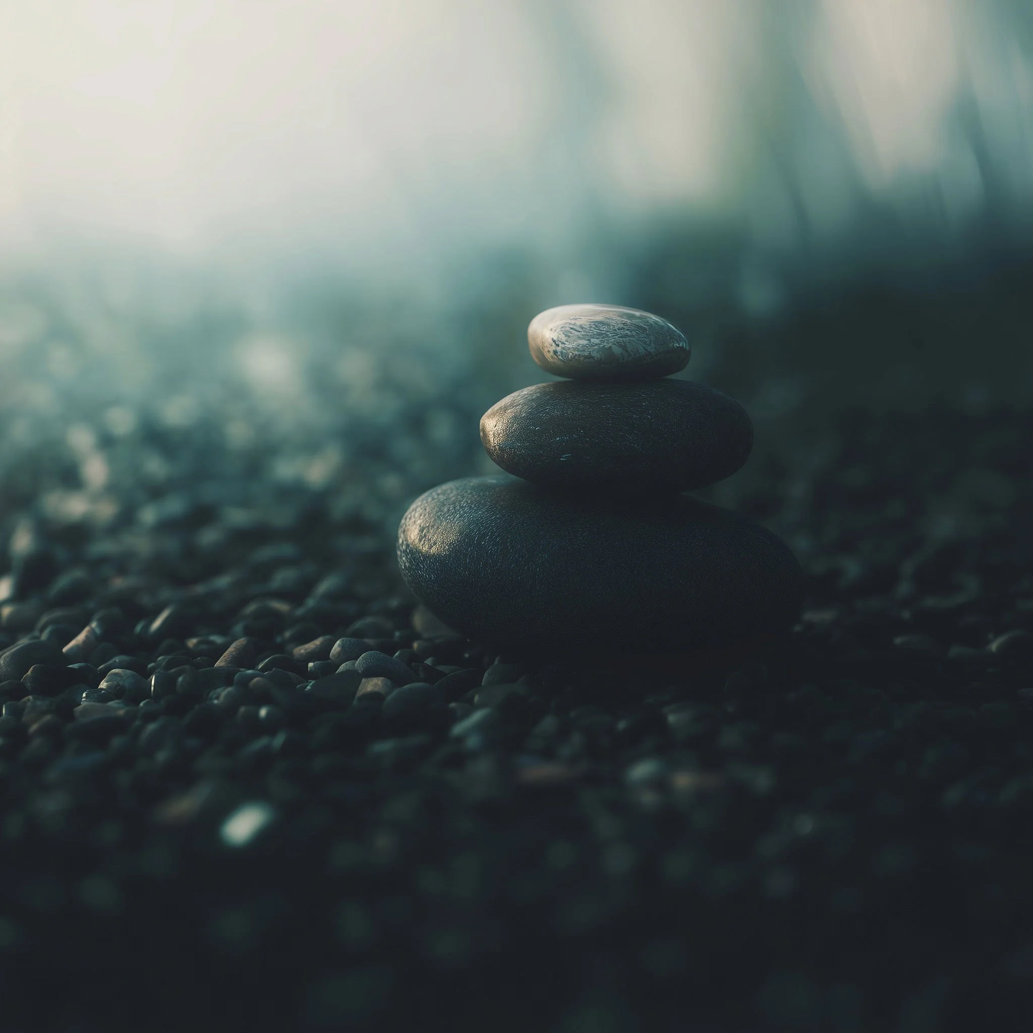 Une pile de quatre pierres lisses et plates sur un sol couvert de petits galets, avec un éclairage doux et une ambiance calme.