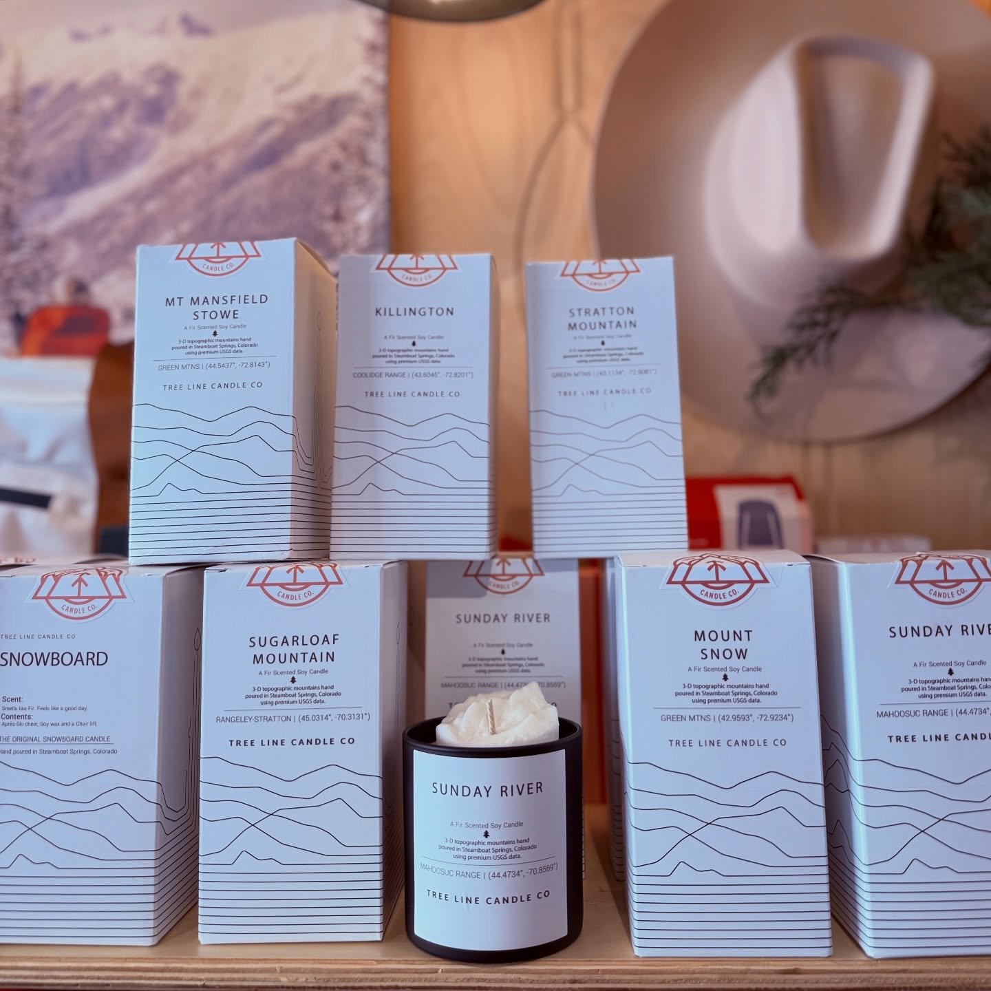 We know you ❤️ these topographical ski candles from  @treelinecandleco.. This will be our last restock of this season - Mt snow, Killington, Stowe, Sugarloaf, Stratton and Sunday River all back on the shelf! 🎿