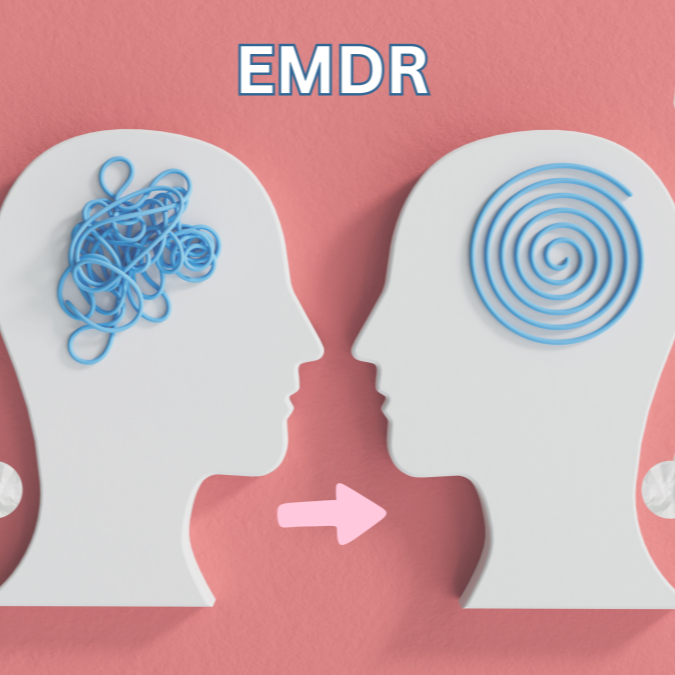 Silhouettes of two human heads facing each other on a pink background, with a pink arrow indicating communication or transfer between them. The left head has tangled blue lines representing confusion or emotional distress, while the right head has a blue spiral representing calm or focus. The text 'EMDR' is above the heads, indicating Eye Movement Desensitization and Reprocessing therapy.