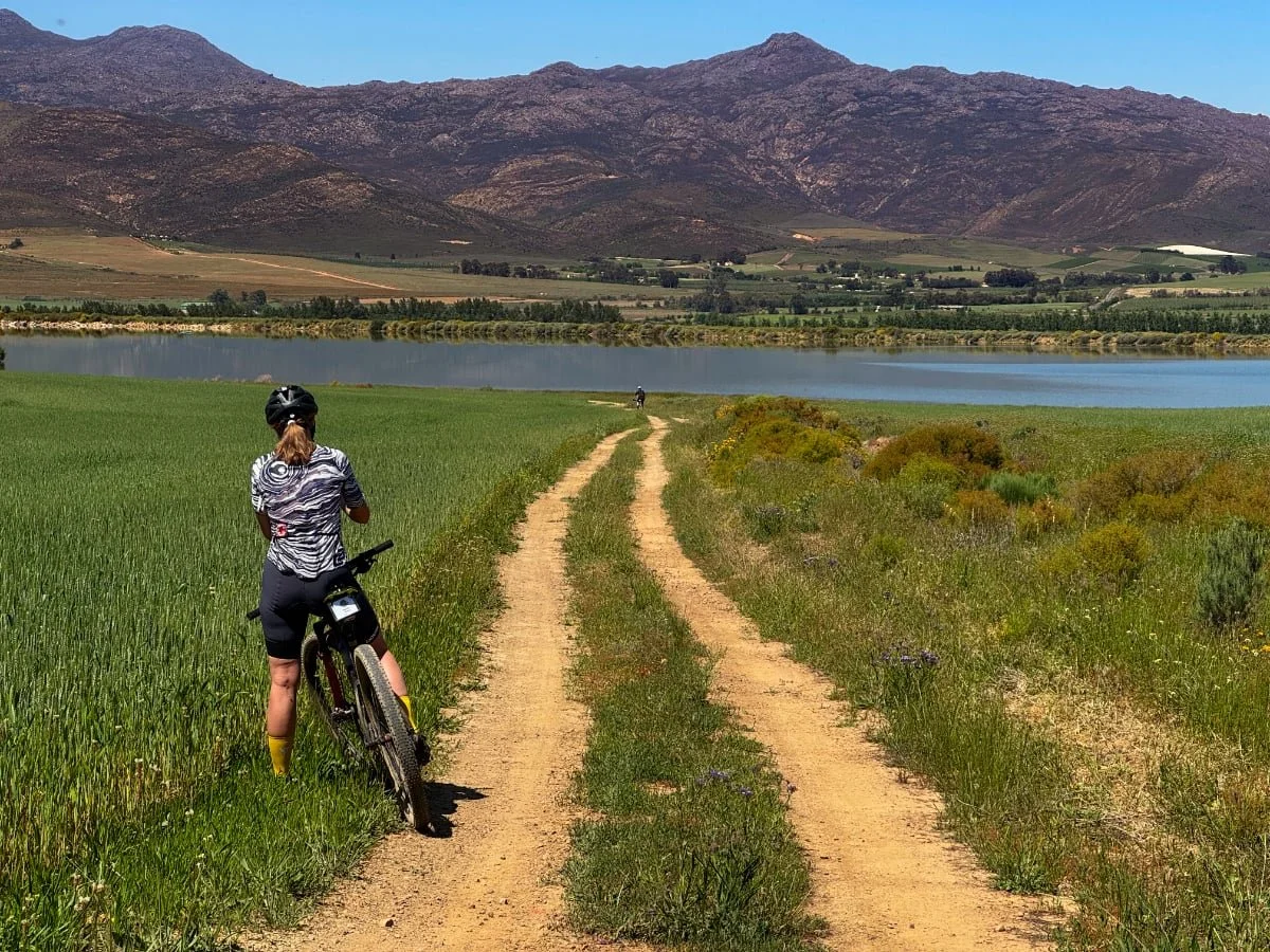 A person in cycling gear leaning on their bike on a dirt trail next to a green field, with a lake and mountains in the background on a sunny day.