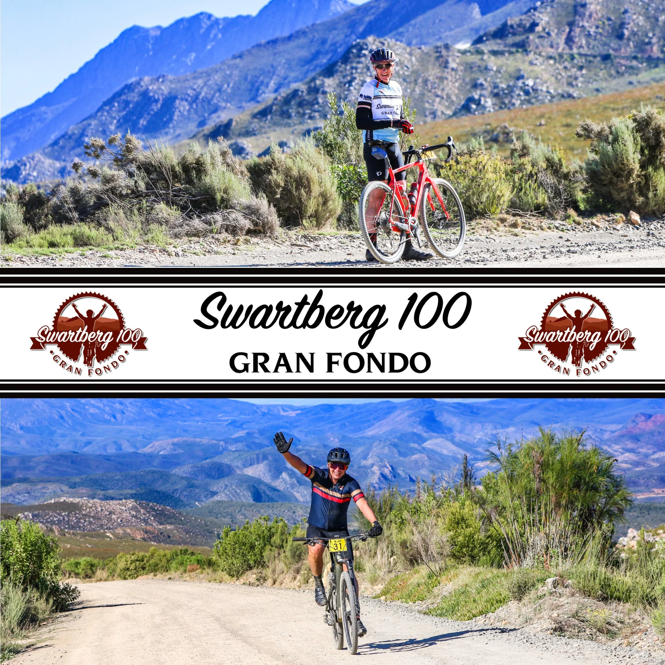 A collage of two outdoor scenes at the Swartberg 100 Gran Fondo bike race, with two male cyclists riding on dirt paths surrounded by mountains and greenery, and a logo featuring a cyclist with raised arms.