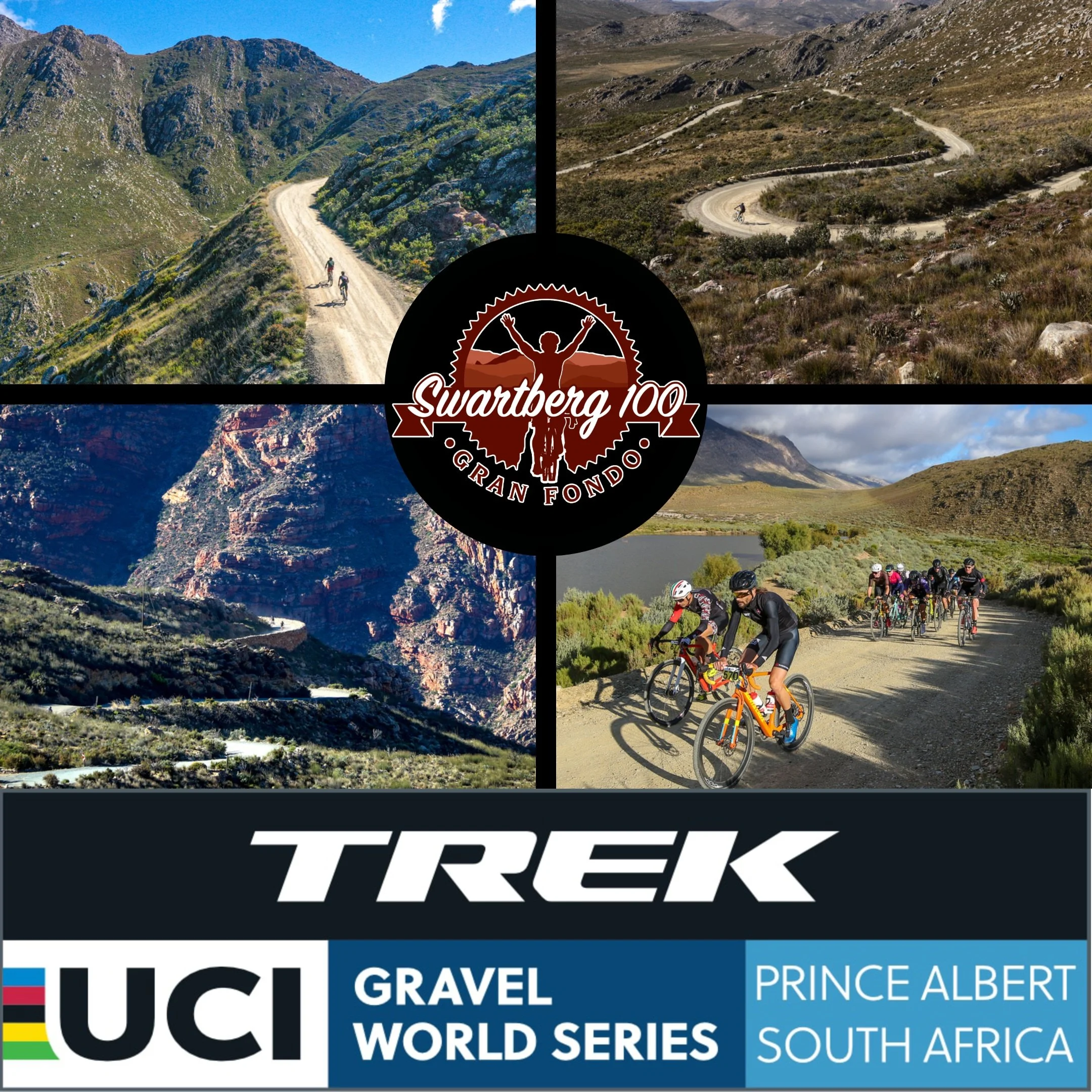 Collage of four images showing mountain biking on gravel trails in Prince Albert, South Africa, with a cycling event logo in the center and event details at the bottom.