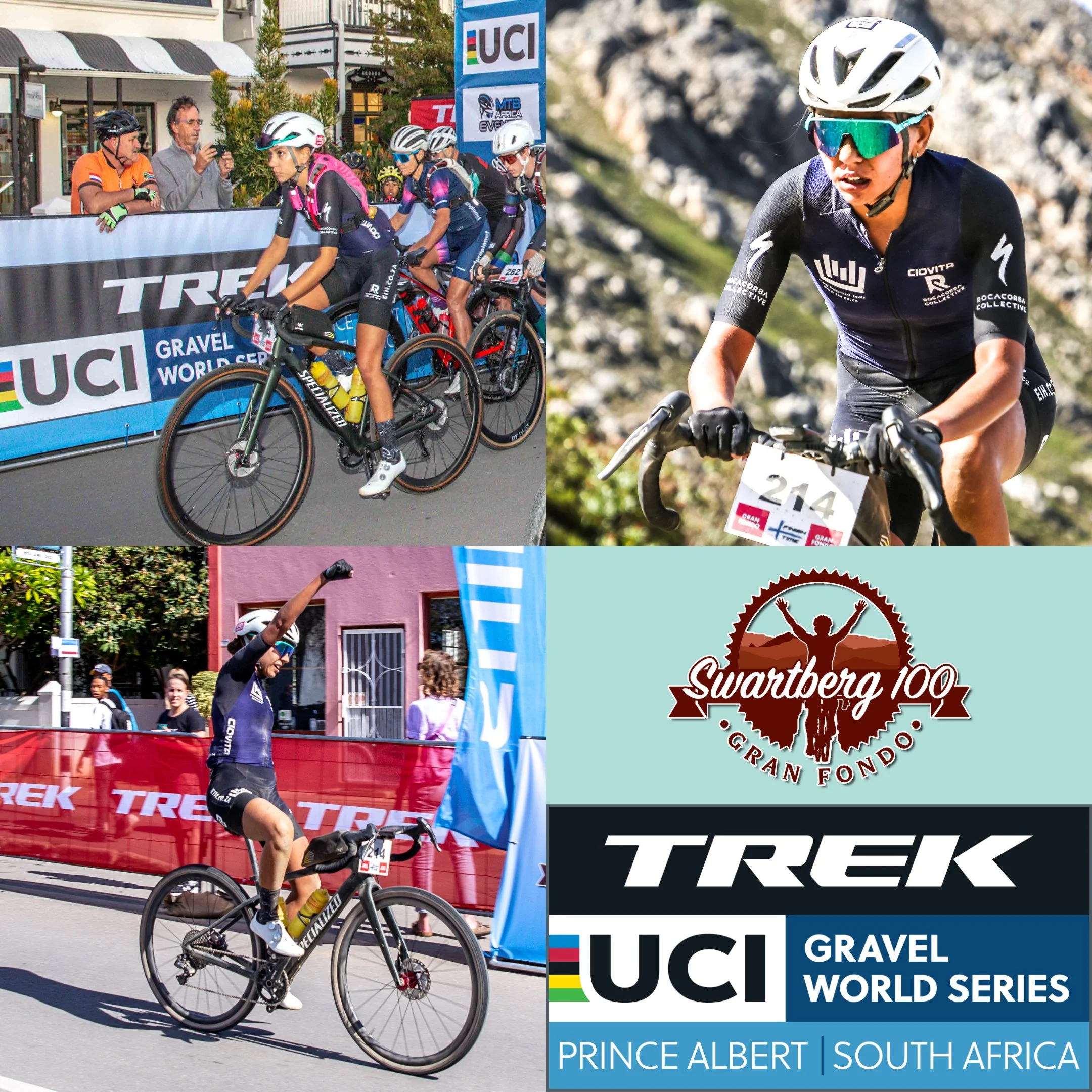 Collage of images from a cycling race at Swartberg 100 Gran Fondo in Prince Albert, South Africa. Top left shows cyclists at the start line, top right is an up-close of a cyclist in black gear, bottom left features a cyclist celebrating crossing the 