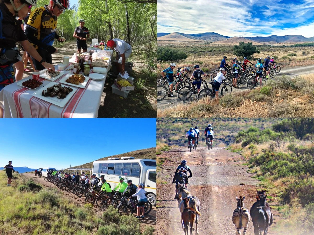 Top left: People having a picnic with food on a wooded trail. Top right: Group of cyclists riding on a mountain trail in a desert landscape. Bottom left: Cyclists preparing to start a ride on a dirt road with a support bus nearby. Bottom right: Rider