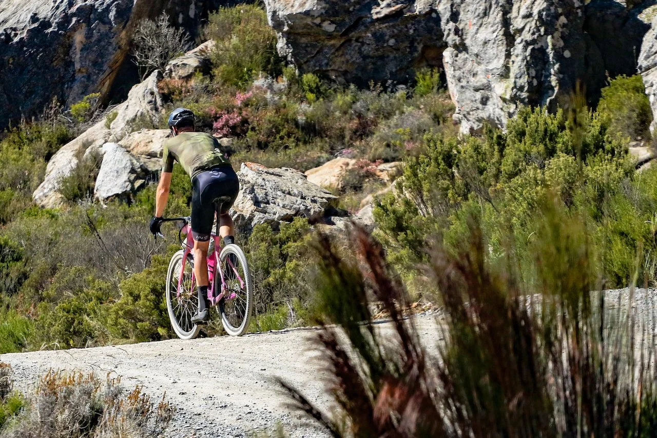 A person riding a pink mountain bike on a dirt trail surrounded by rocks, bushes, and greenery in a mountainous landscape.