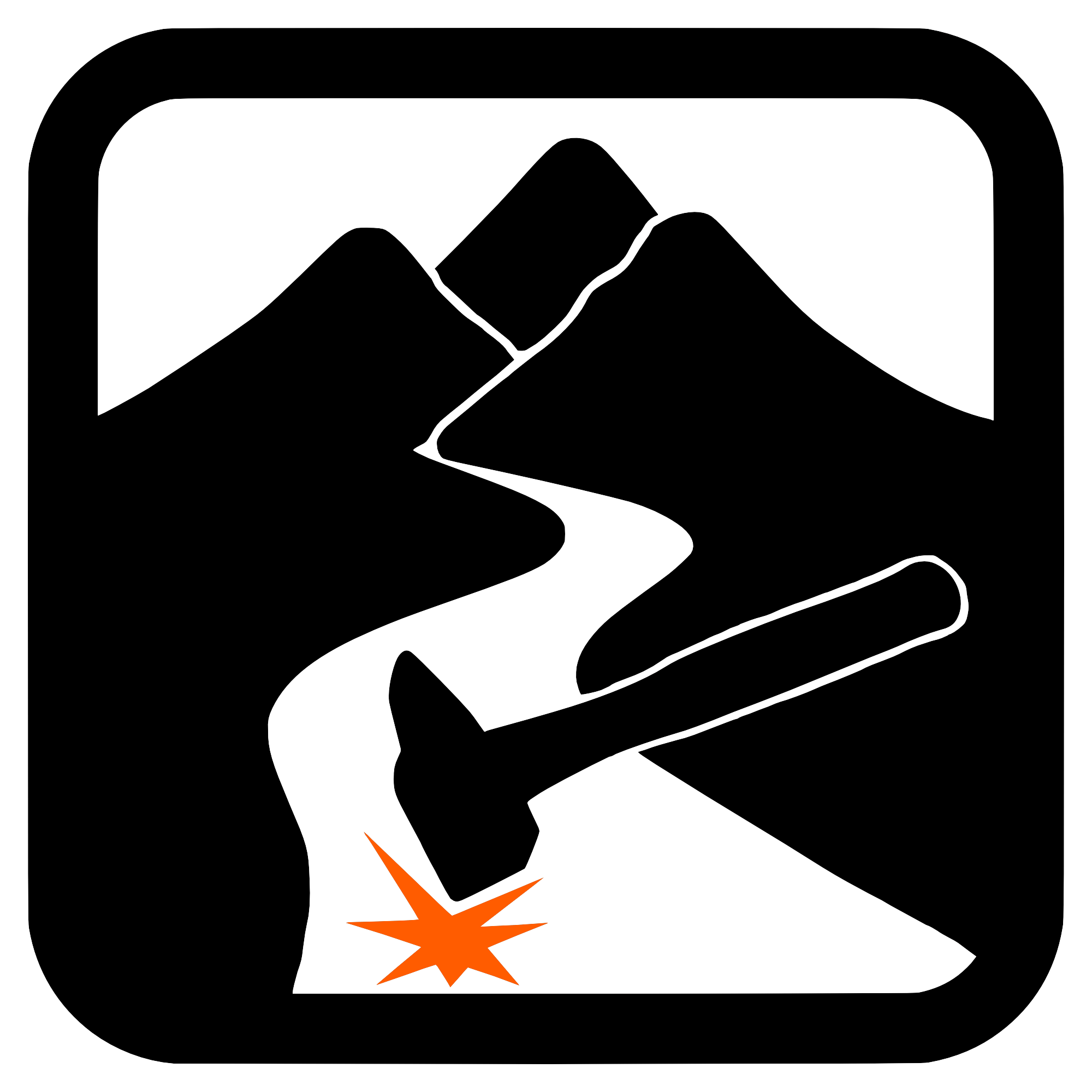Neon warning sign depicting a hammer hitting a nail with a spark, mountains and a path in the background.