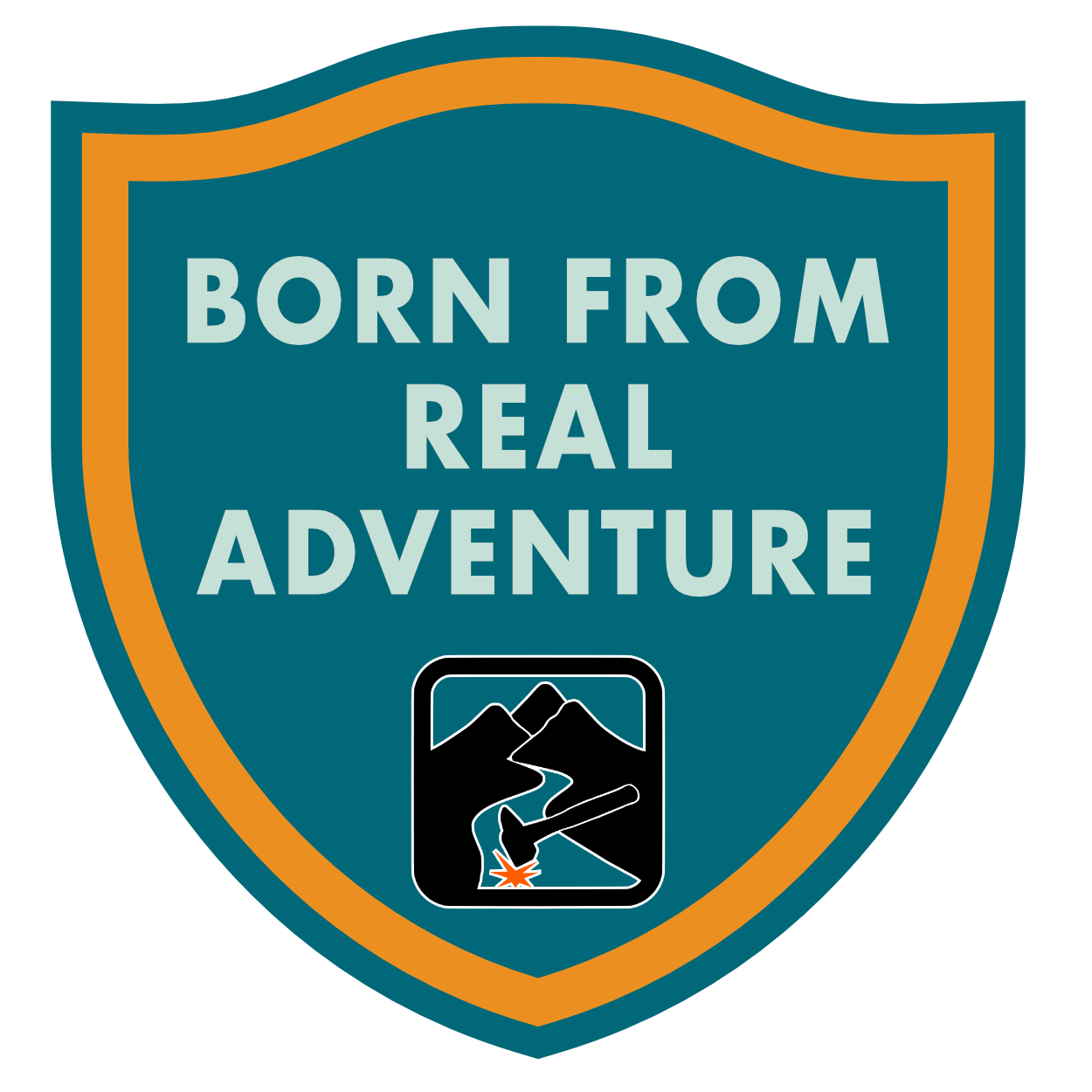 A shield with the text "Born from Real Adventure" and an icon of a hiking trail through mountains.