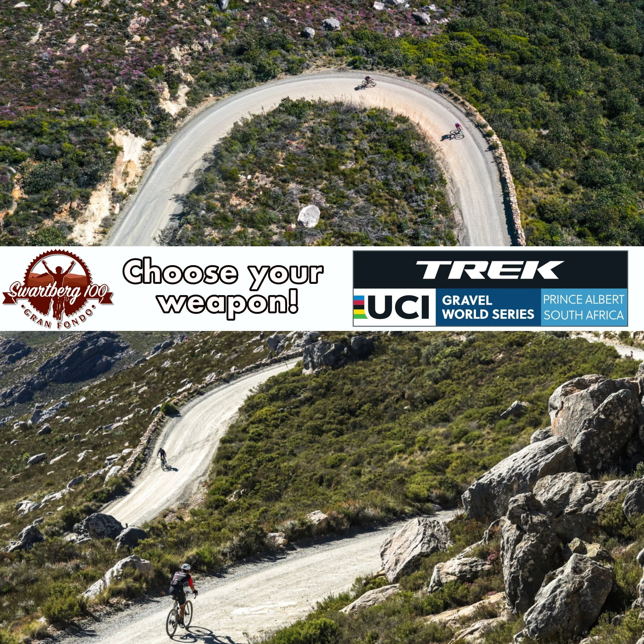 A winding mountain gravel road with cyclists riding along it, surrounded by rocky terrain and green bushes, seen from an aerial perspective.