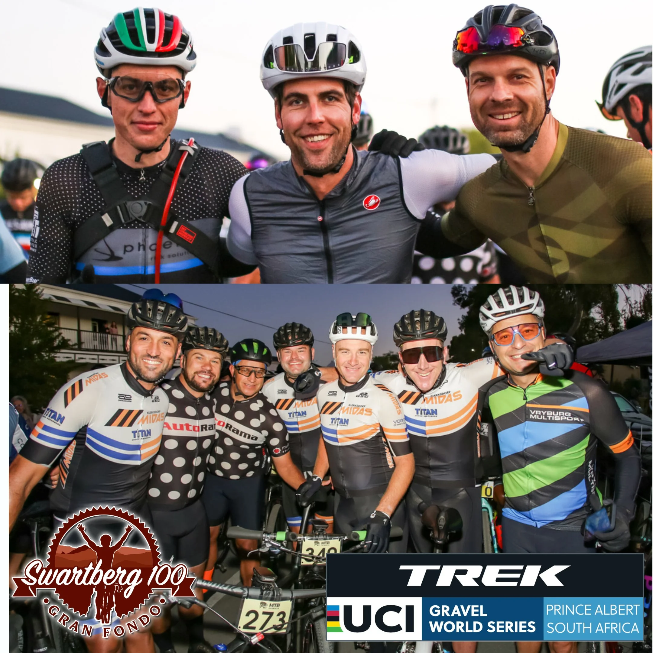 Two groups of male cyclists posing for photos at a cycling event, with logos for Swartberg 100 and UCI Gravel World Series visible.