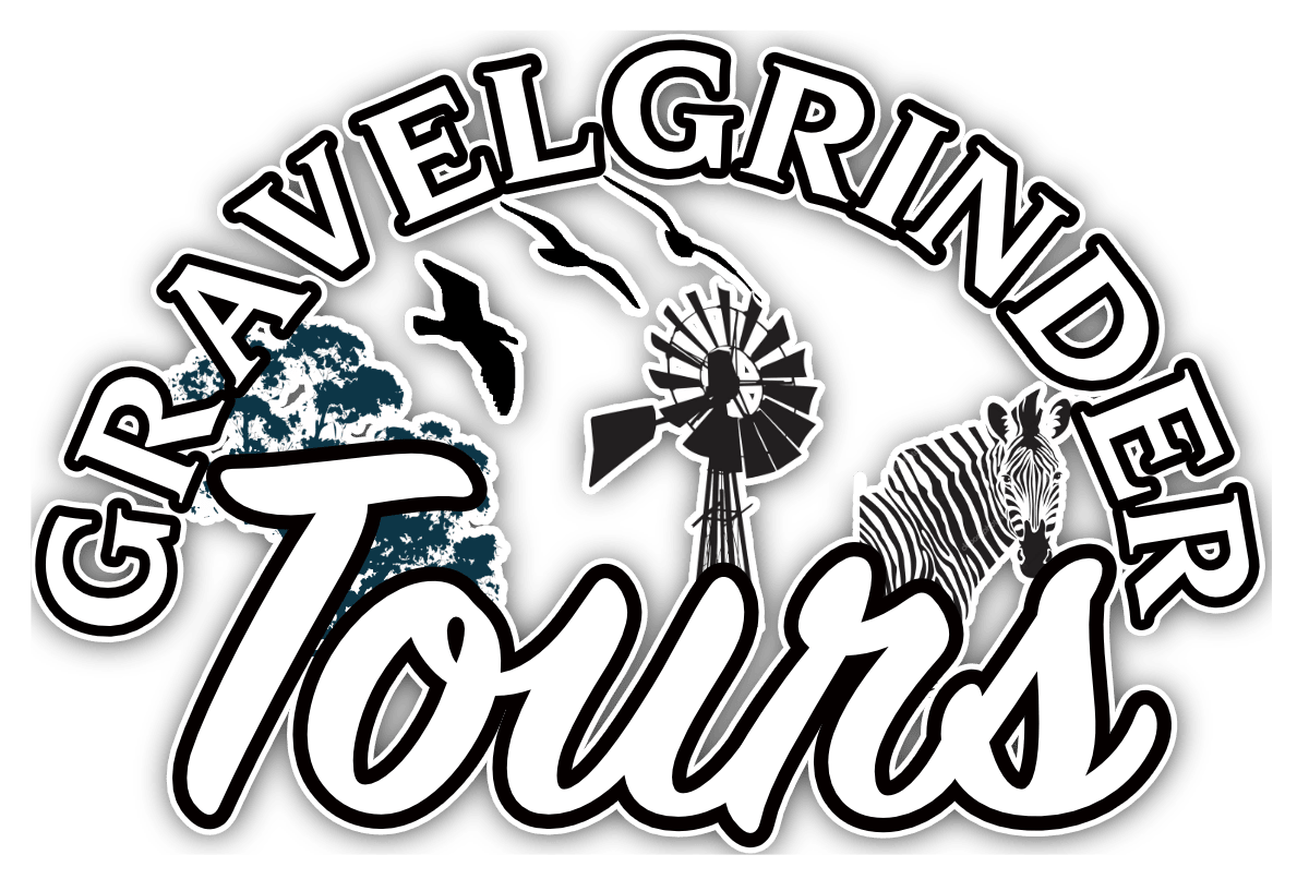 Graphic design with text 'Grapevine Border Tours' and images of a mushroom cloud, flying birds, a windmill, and a zebra on a black background.