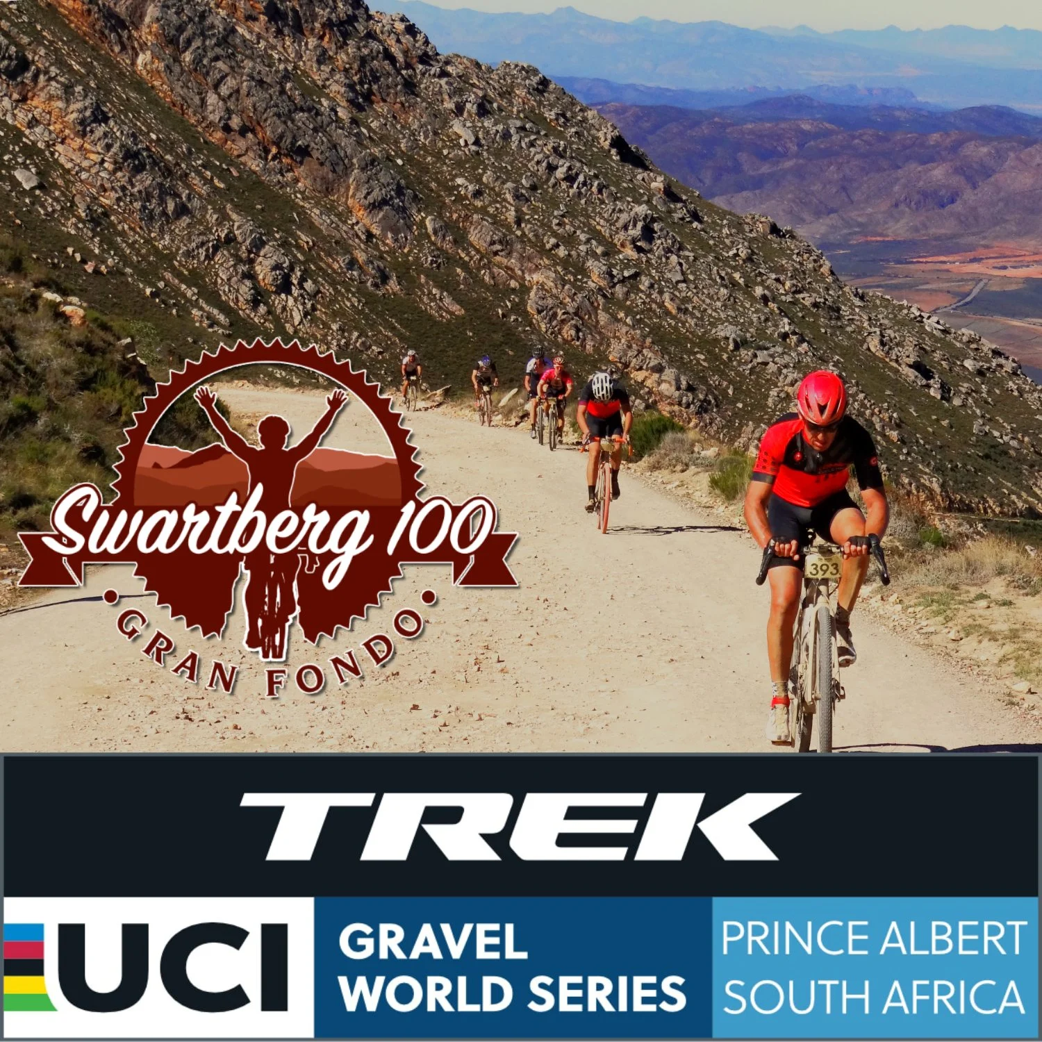 A group of cyclists riding on a dirt trail through a mountain landscape with rocky slopes and distant mountains, promoting the Swartberg 100 Gran Fondo mountain biking race in Prince Albert, South Africa.