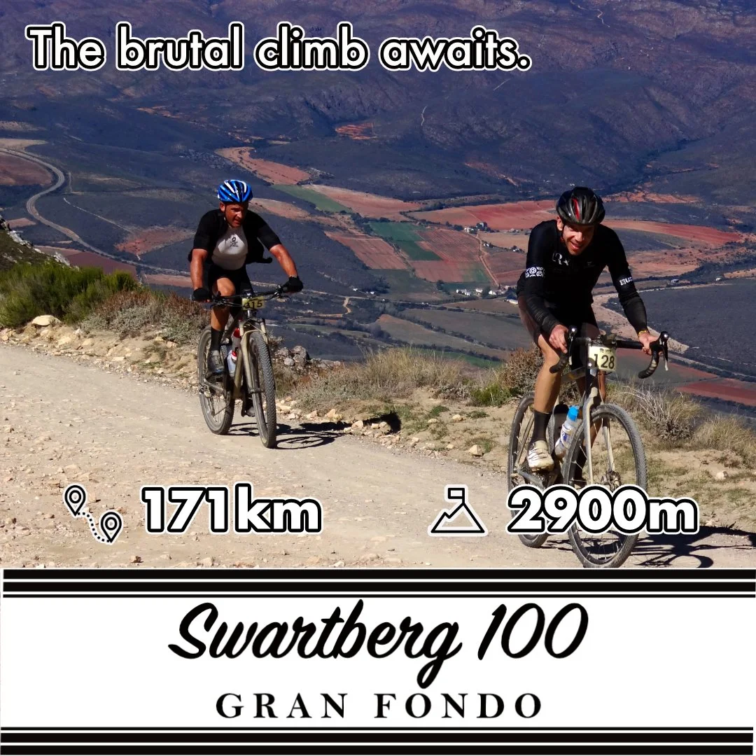 Two cyclists riding on a mountainous dirt trail with a scenic valley in the background during the Swartberg 100 Gran Fondo race. The image includes race details: 171 km distance, 2900 m elevation, and the event branding.
