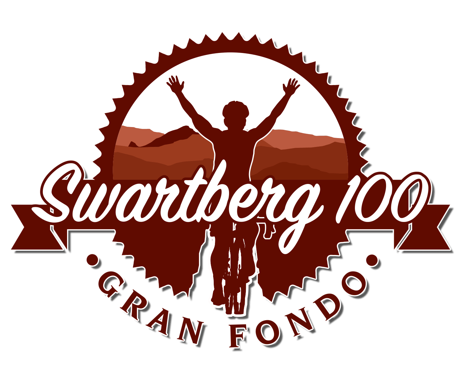 Logo for Swartberg 100 Gran Fondo, featuring a cyclist with arms raised, sunset mountains in background, and banner text.