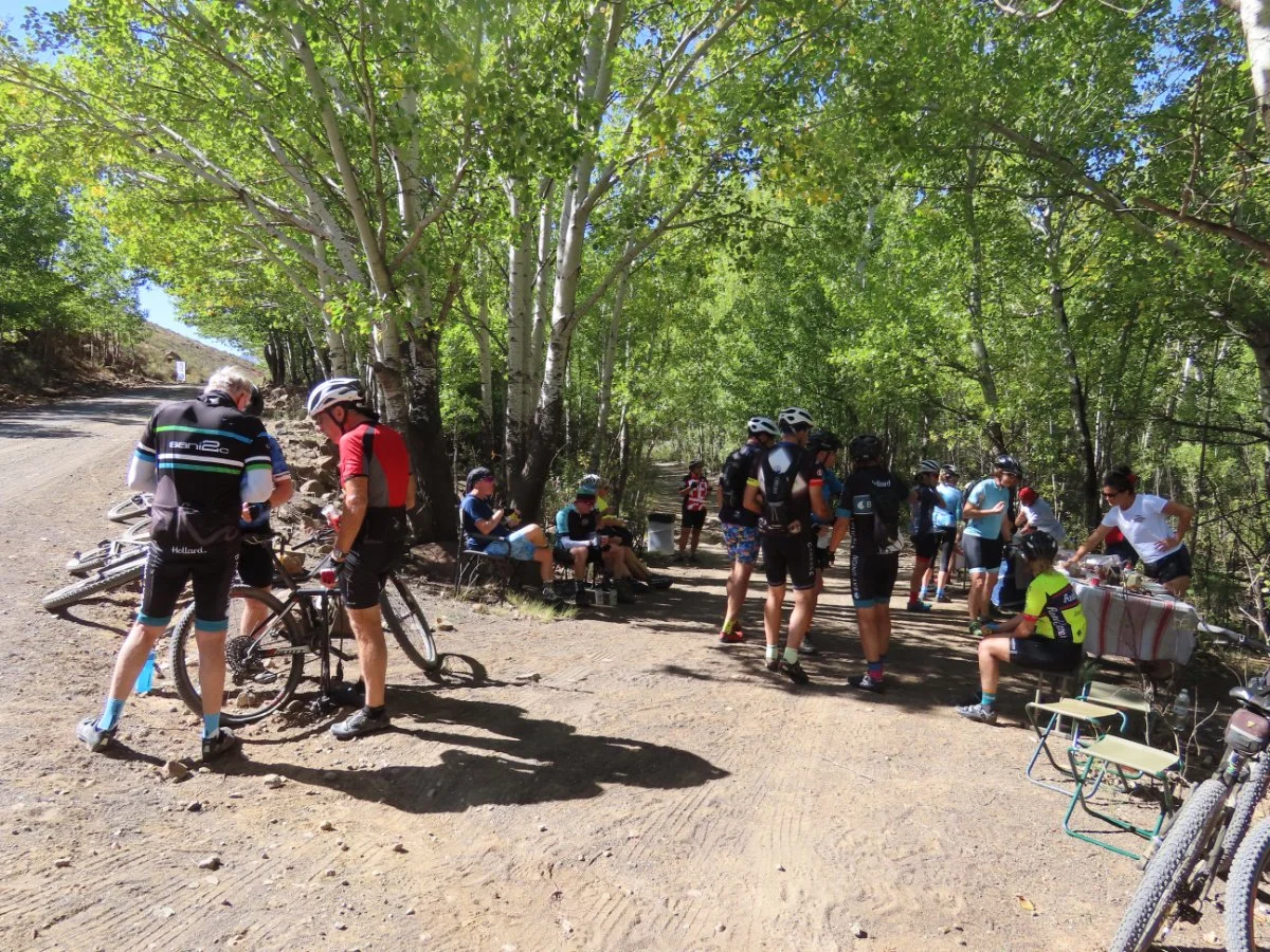 Cyclists gather in a shaded wooded area beside a dirt road, some sitting and some standing, with tables and snacks.