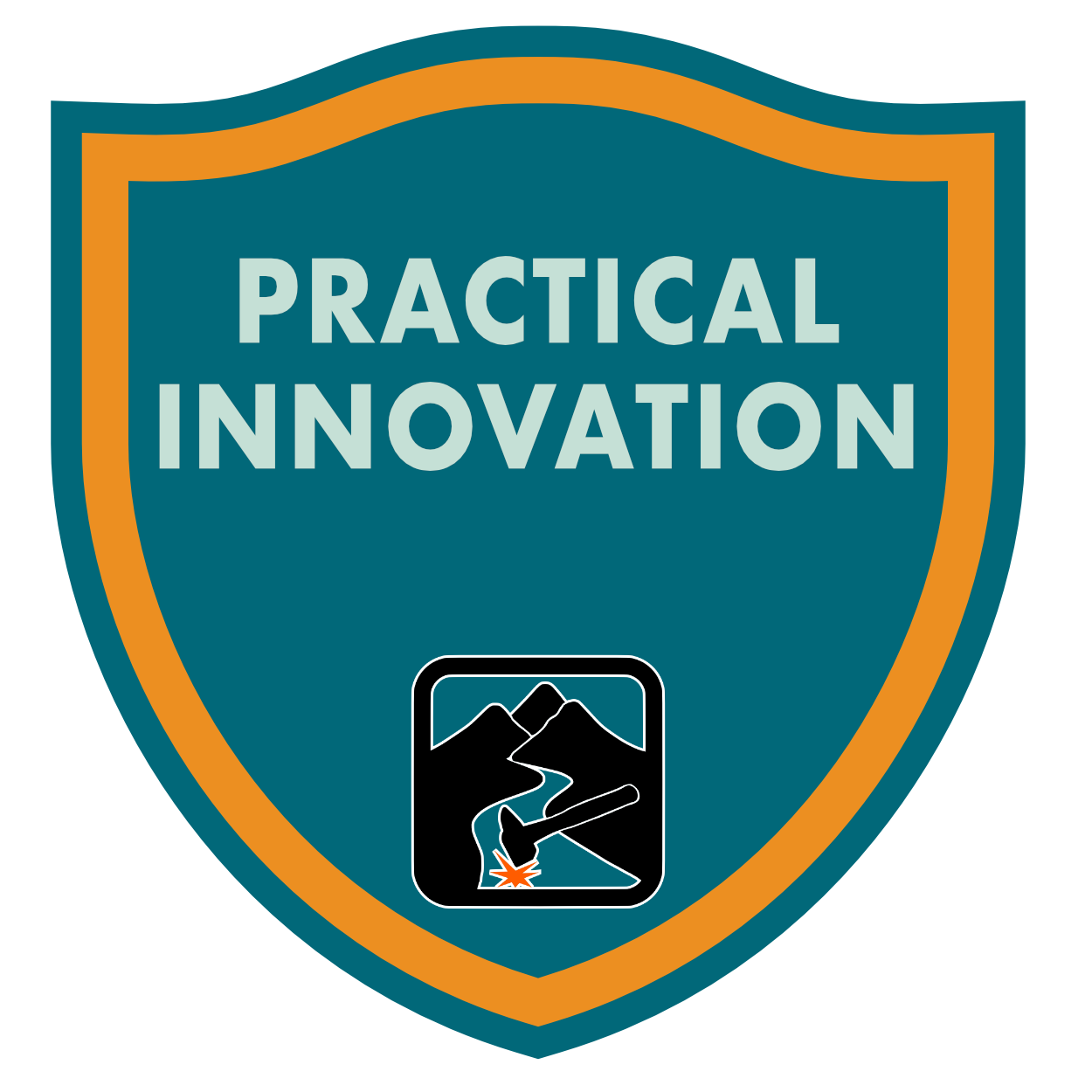 A shield-shaped graphic with a teal background, an orange outline, and the words 'Practical Innovation' written in light blue. There is a black and white icon at the bottom of a mountain landscape with a tool cutting through the ground, releasing sparks.
