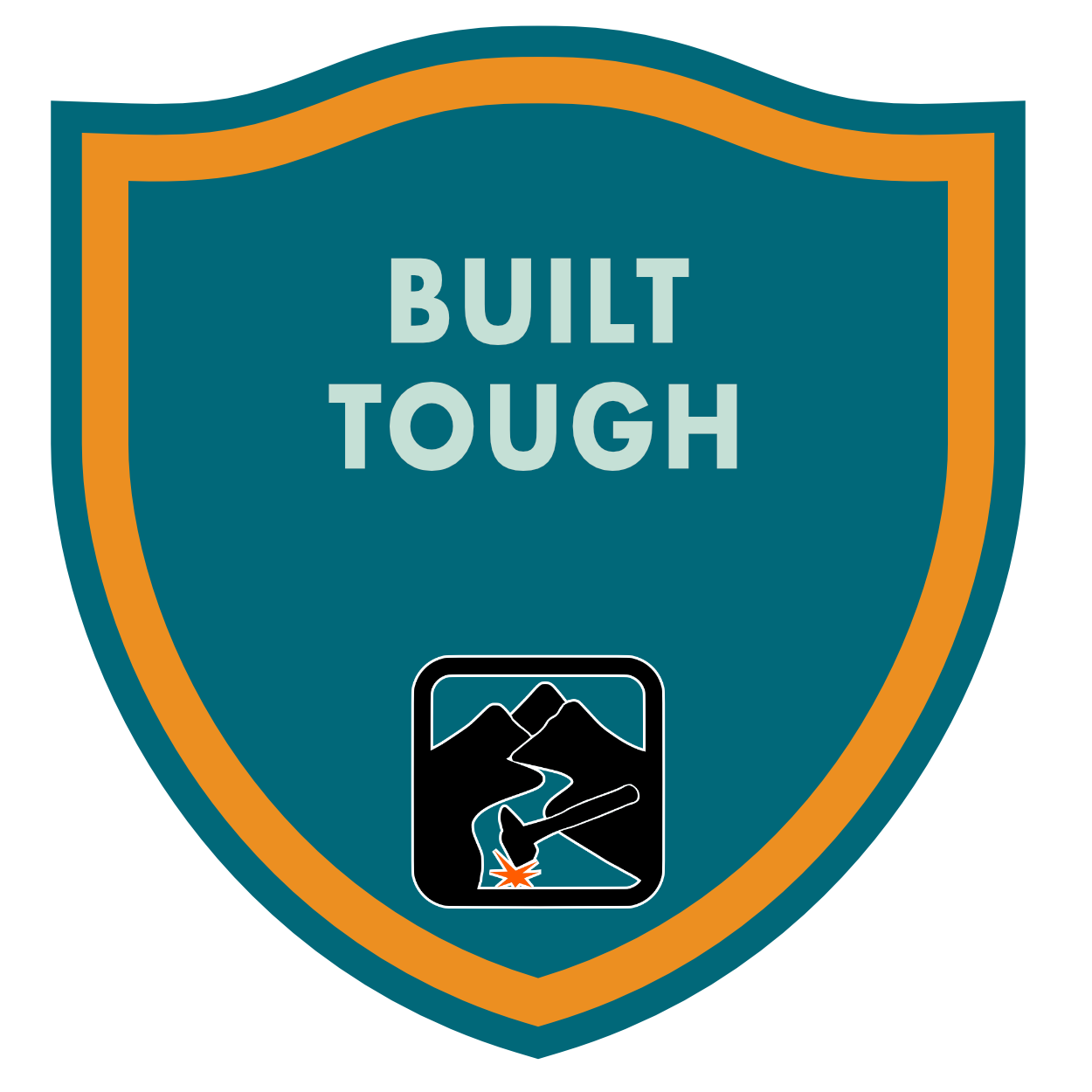 A shield-shaped logo with the words 'Built Tough' in the center. Below, there is a graphic of a mountain, a river, and a hammer striking an anvil, symbolizing durability and ruggedness.