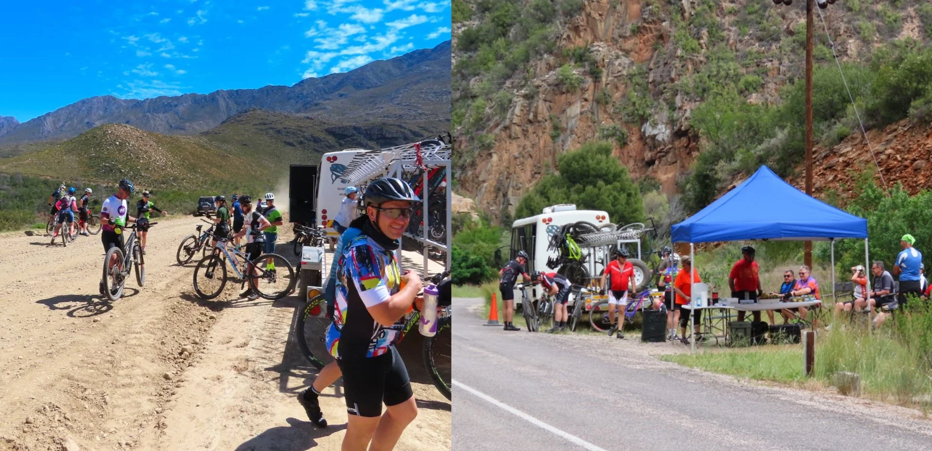 Group of cyclists preparing for a ride in a mountainous area, with some standing near bikes and a support truck on a dirt trail, and a separate scene of people gathered around a food or registration tent beside a road, with a rocky hillside in the ba