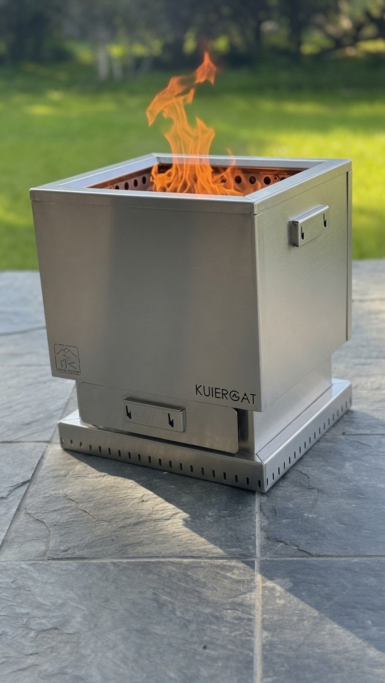 A metal tabletop grill with flames inside, placed outdoors on a tiled surface with grass and trees in the background.