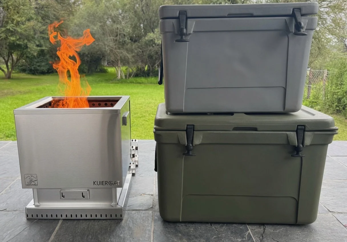 A small stainless steel grill with a fire inside, placed on a patio next to two large plastic storage containers, with a grassy yard and trees in the background.