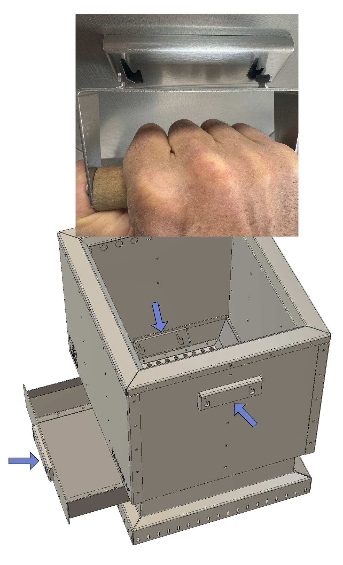 A graphic and photograph showing the functionality of the KuierGat removable handle system