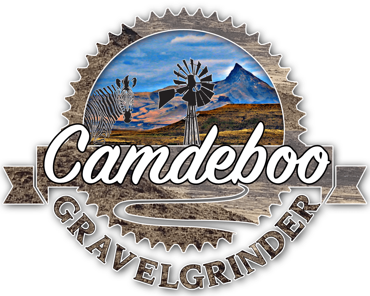 A logo for 'Camdeboo' featuring a landscape with mountains and a blue sky, a zebra, a windmill, and text that reads 'Camdeboo Gravel Grinder' on a black background.