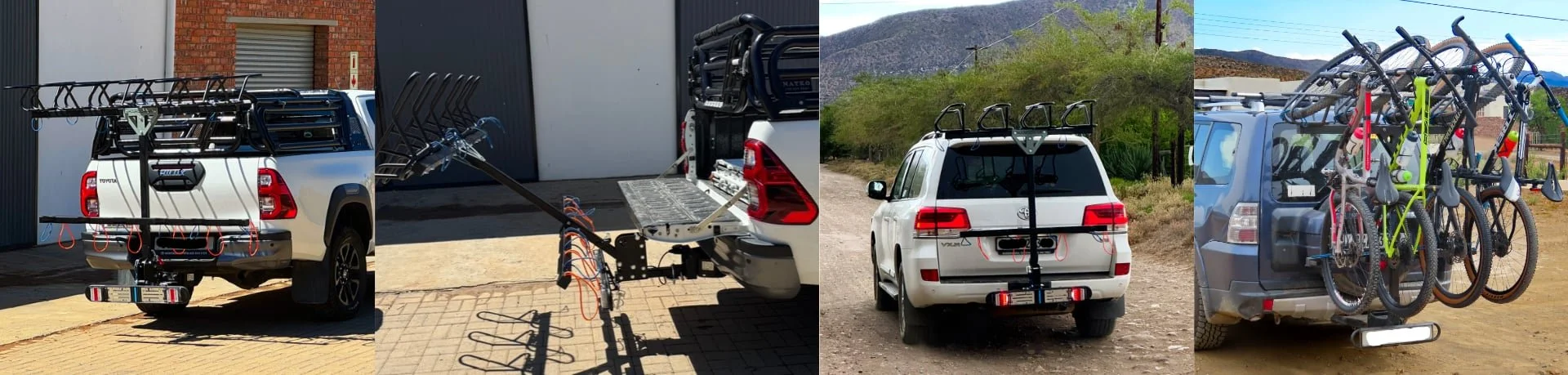 Various vehicles with bicycle racks loaded with bikes and outdoor gear, parked outdoors near mountains and in a driveway.
