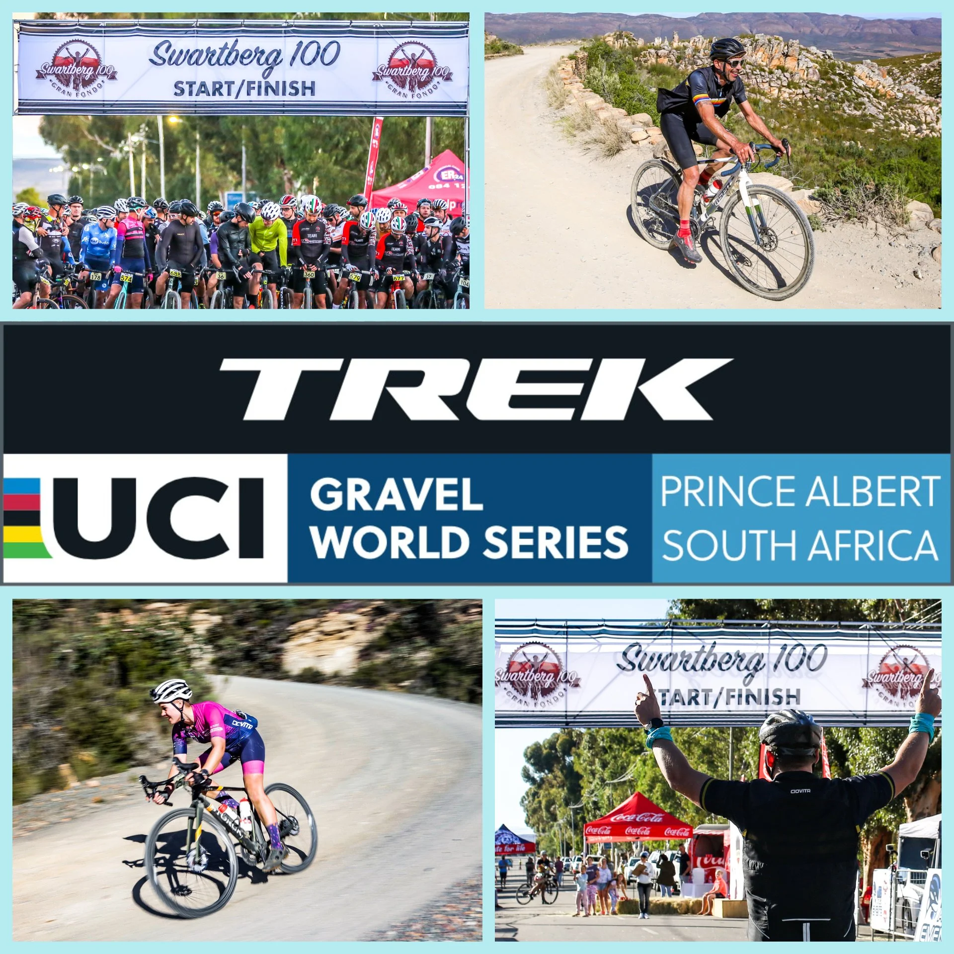 A collage of images from the Swartberg 100 gravel cycling race in Prince Albert, South Africa, including start/finish line, cyclists on trail, and race logo.