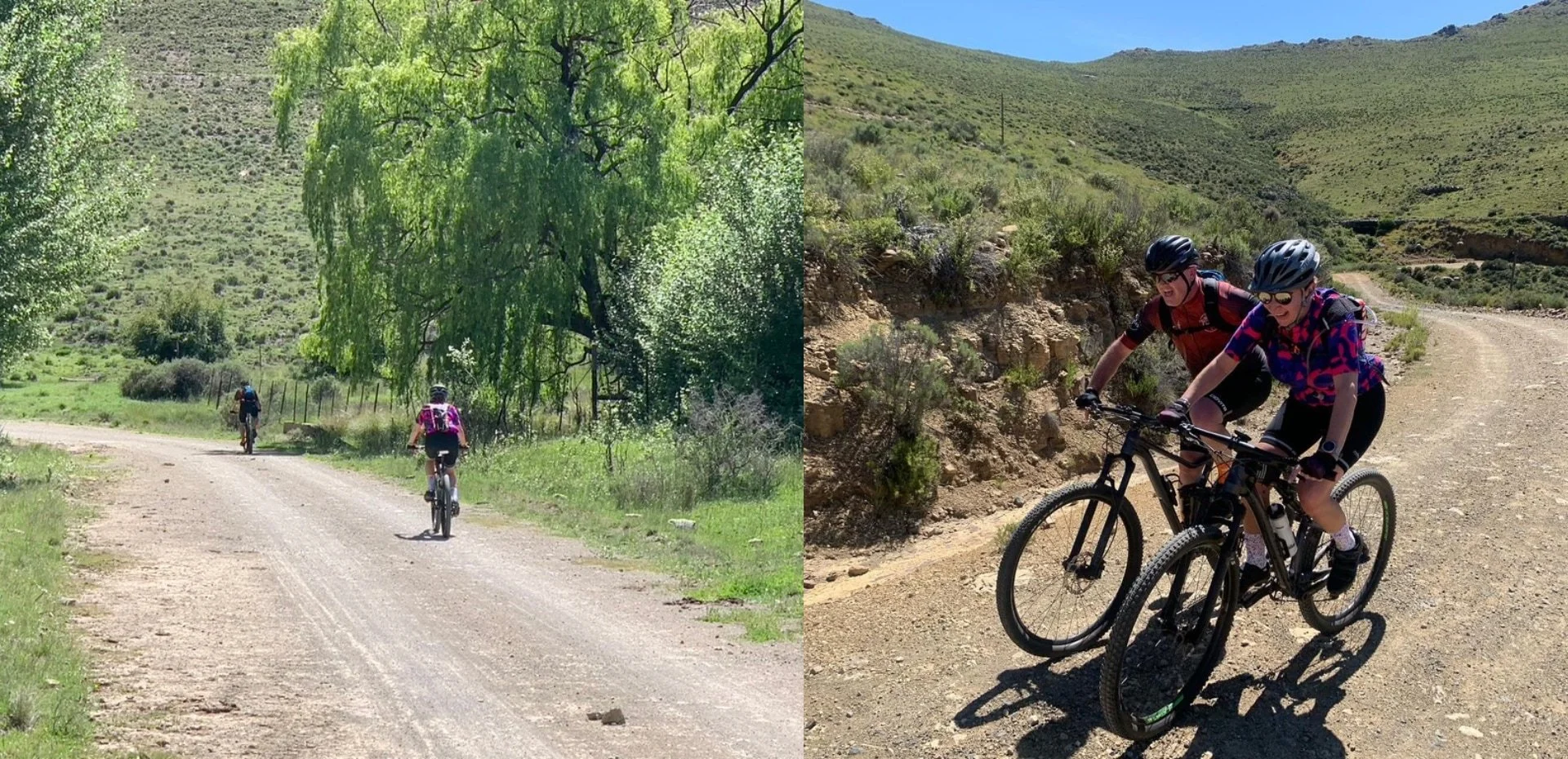 Two separate scenes of people mountain biking on dirt trails in a hilly, rural area with green vegetation and clear skies.