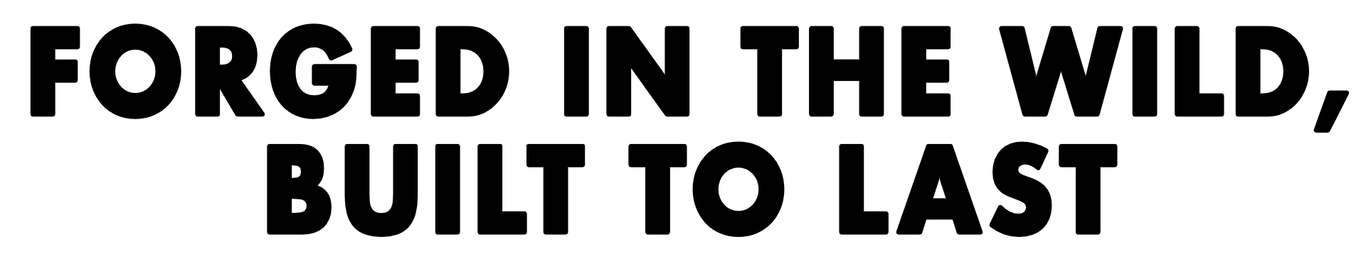 Text that reads 'Forged in the wild, built to last' in bold, outlined letters on a black background.