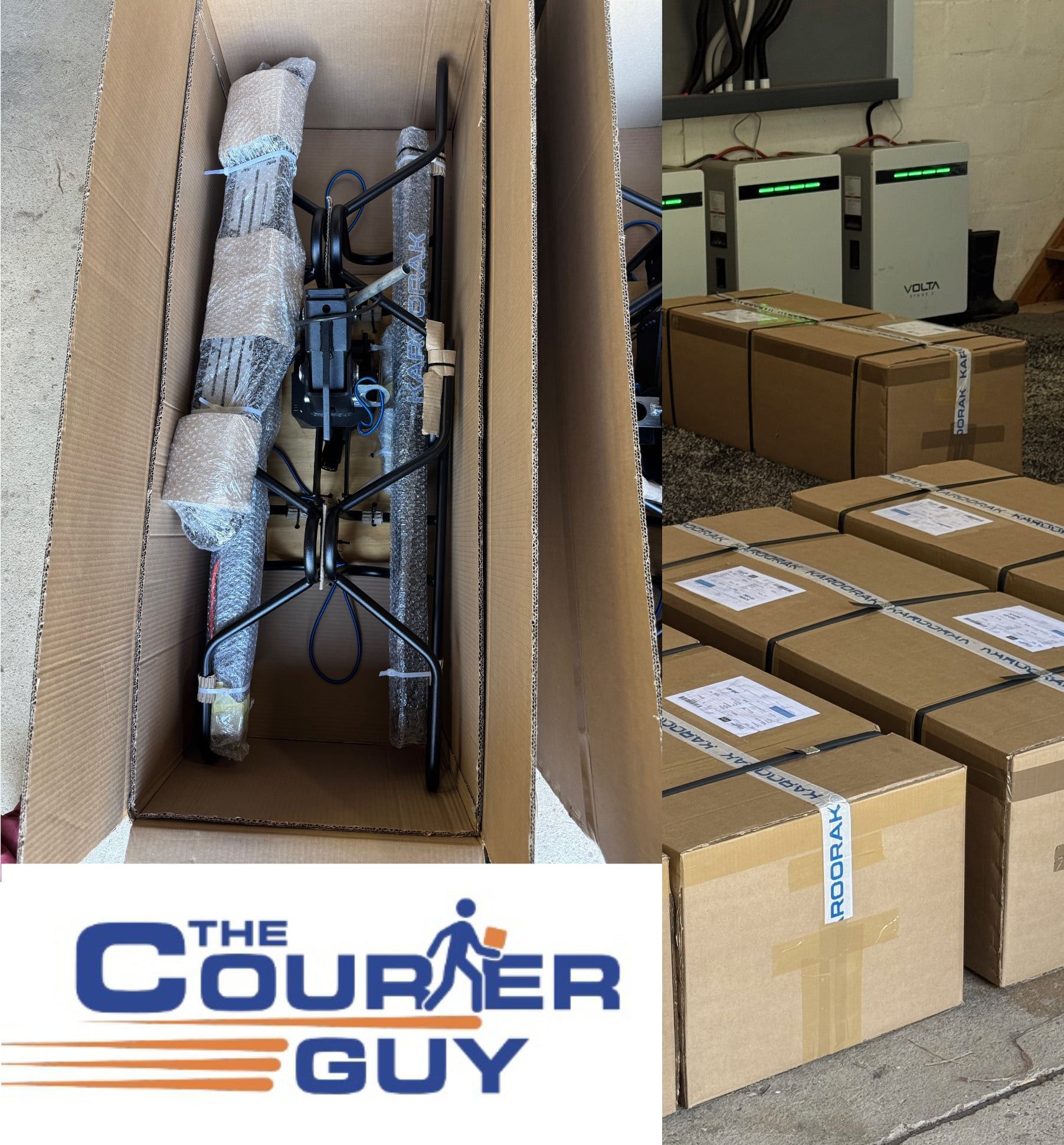 Large boxes and a folded bike in a cardboard shipping container, with additional boxes and packing supplies in the background, and a logo for The Courier Guy at the bottom.