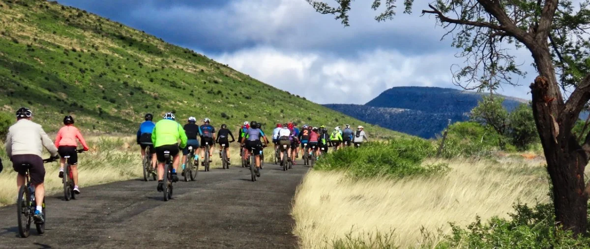 Group of cyclists riding on a rural road through a landscape of grassy fields, hills, and trees under a partly cloudy sky.